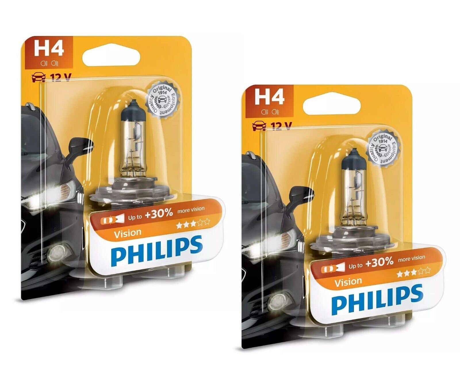 Philips KFZ-Ersatzleuchte 2x H4 Vision Lampe 12V 60/55W Autolampe Glühlampe Birne, H4, P43t, 2 St., Warmweiß