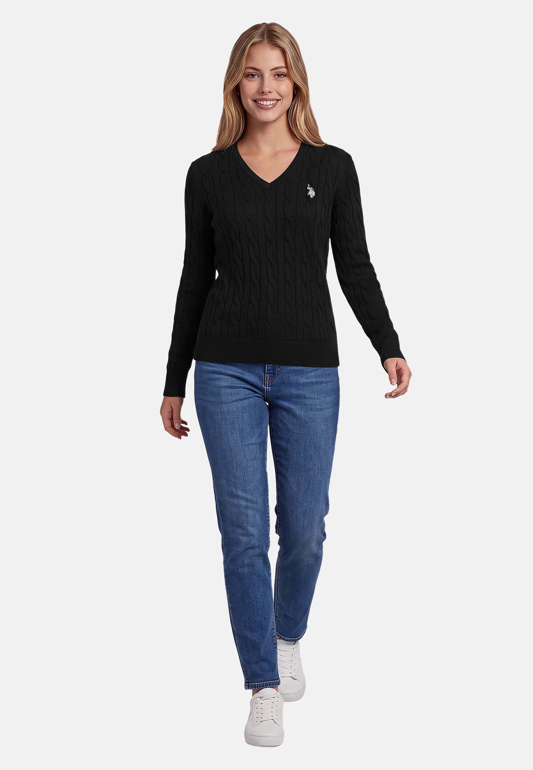 U.S. Polo Assn. Rundhalspullover mit Zopfmuster und V-Ausschnitt Klassischer Strickpullover mit Rippbündchen und dezenter Logostickerei – Bild 3 von 5