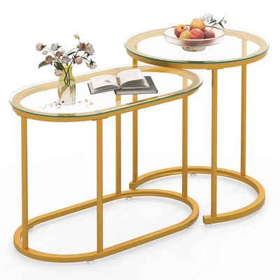 COSTWAY Couchtisch, Satztisch 2er Set, Tischplatte aus gehärtetem Glas, Gold