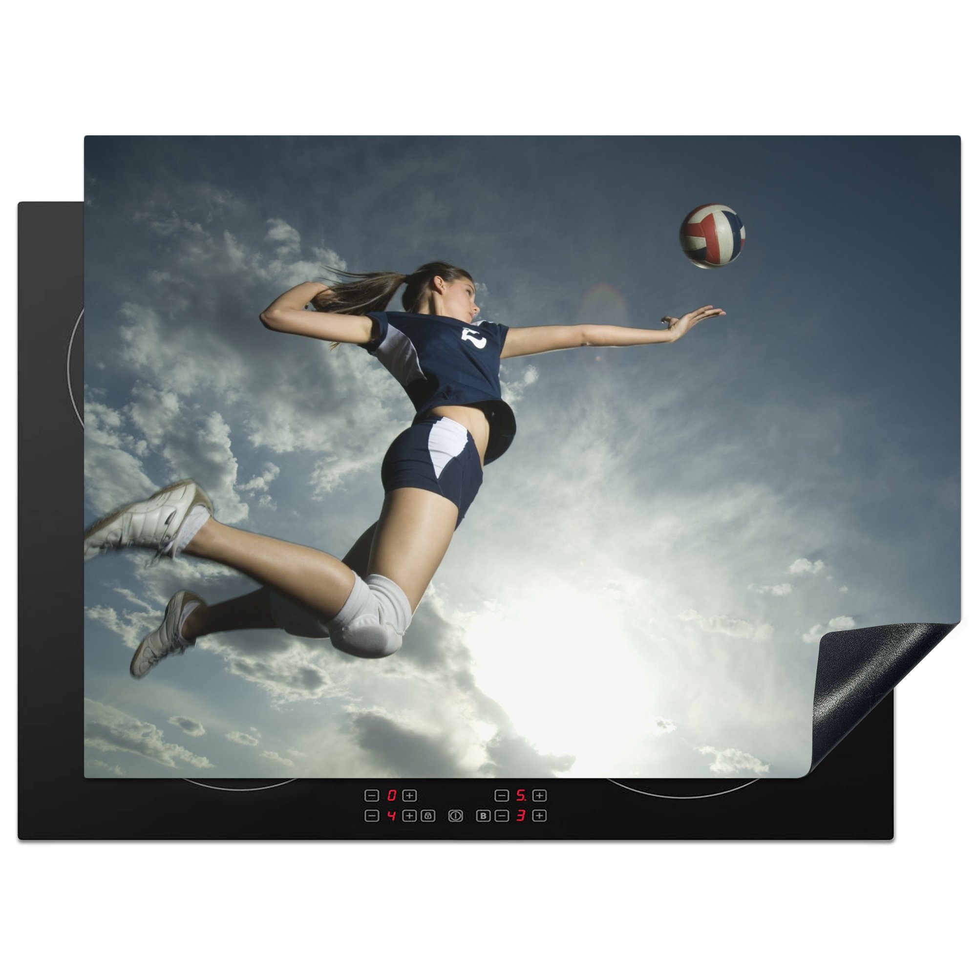 MuchoWow Herdblende-/Abdeckplatte Ein Volleyballstar schlägt einen Volleyball, Vinyl, (1 tlg), 71x52 cm, Induktionskochfeld Schutz für die küche, Ceranfeldabdeckung