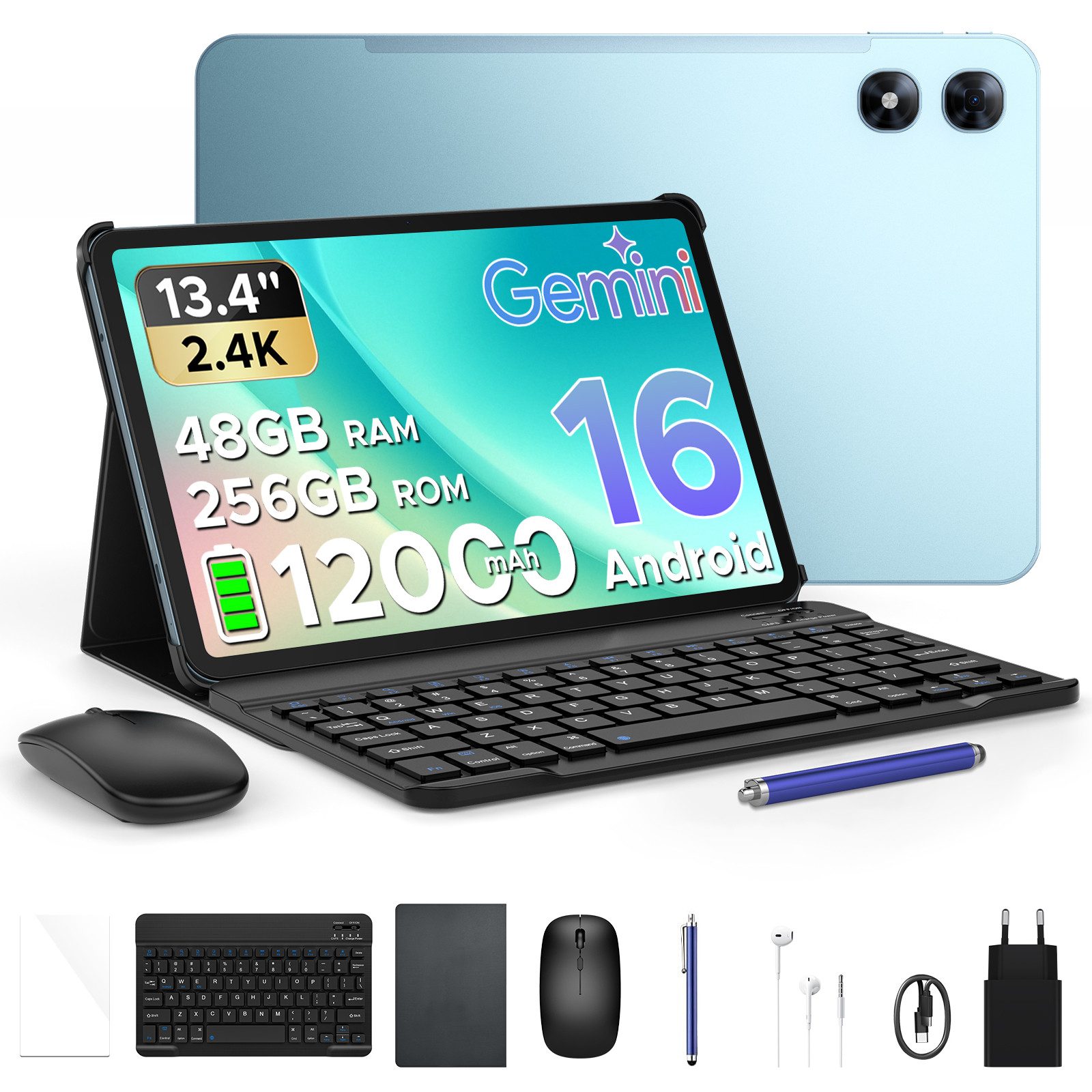 POCKAM P13 Pro Tablet mit Tastatur 13,4'' 2.4K 120Hz 12000mAh Android16 Tablet (13.4", 256 GB, Android 16, 4G LTE, 48GB RAM (12+36GB)/ 4G LTE/ 3,5-mm-Kopfhörerbuchse, Tastatur, Hülle)