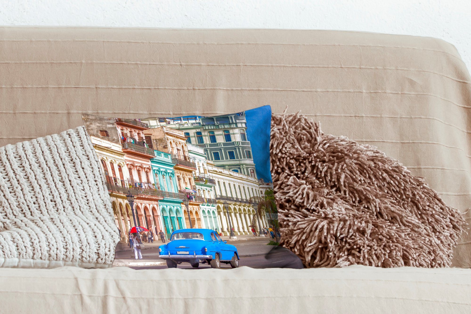 MuchoWow Dekokissen Farbenfrohe Nordamerika, Füllung Sofakissen Kuba in mit Deko, Schlafzimmer, bei für spanische Architektur Wohzimmer, Zierkissen