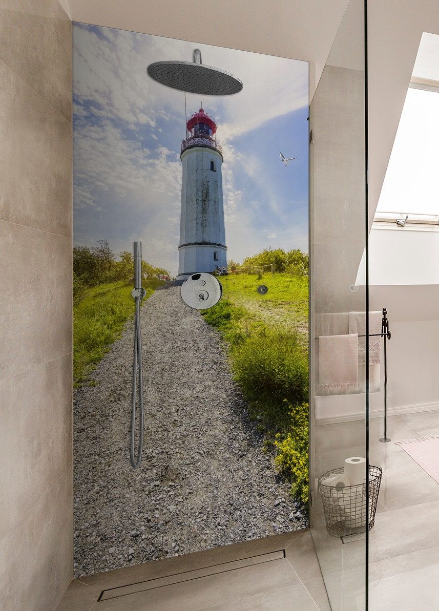 Thumbnail - Wallario Duschrückwand Leuchtturm auf Hiddensee bei Sonnenschein, (1-tlg)
