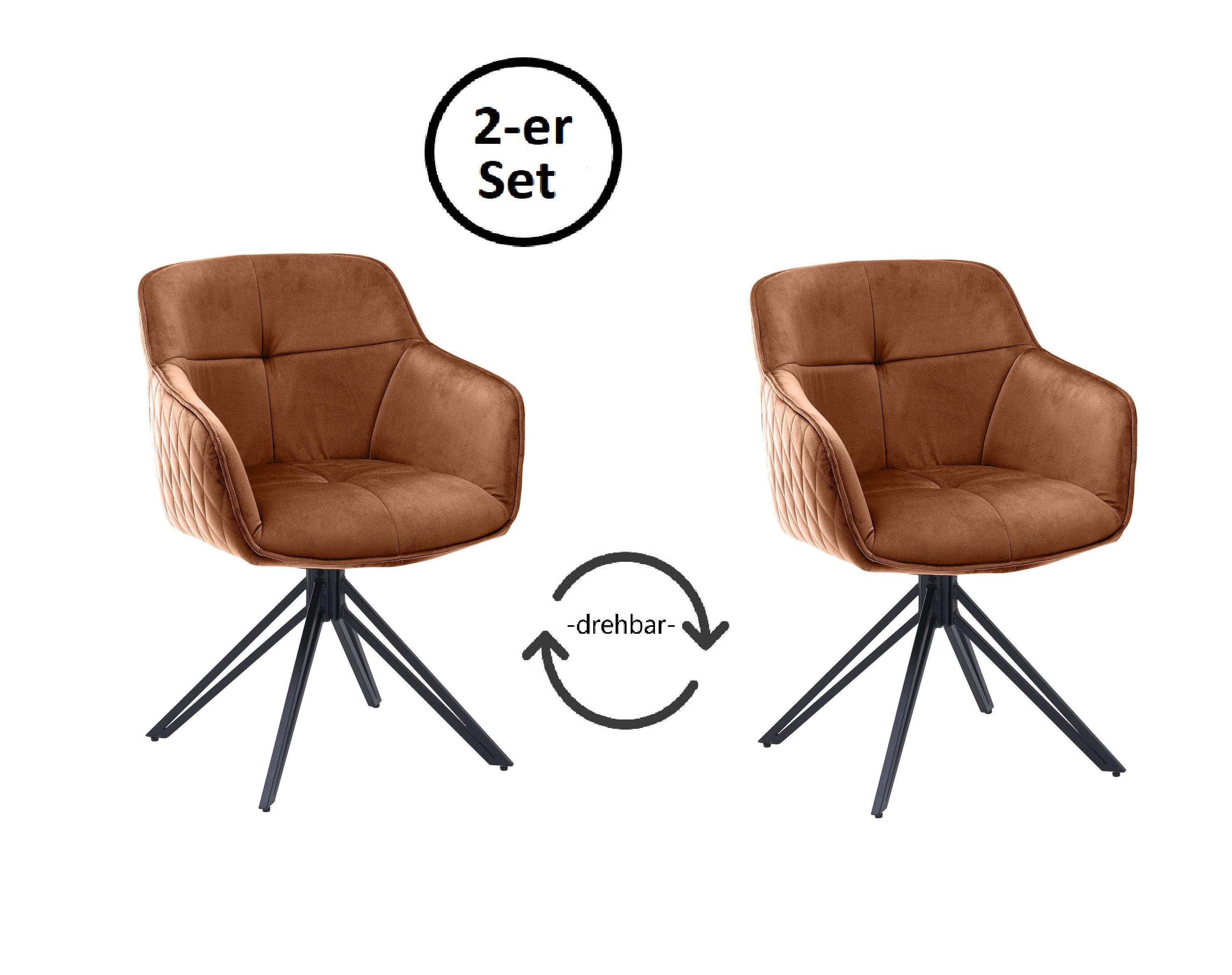 Armlehnstuhl (2er Set) in rost, Samtbezug - 59x82x62cm (BxHxT)