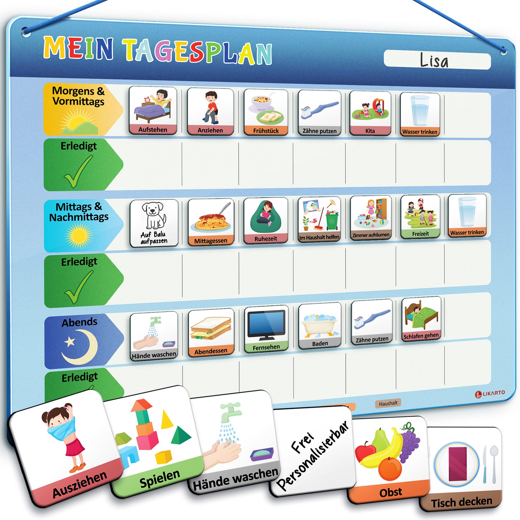 Likarto Magnettafel Tagesplaner für Kinder Montessori Magnettafel Kinder inkl. 152 Magnete, Mit Kordel - Komplett beschreib- und abwischbar