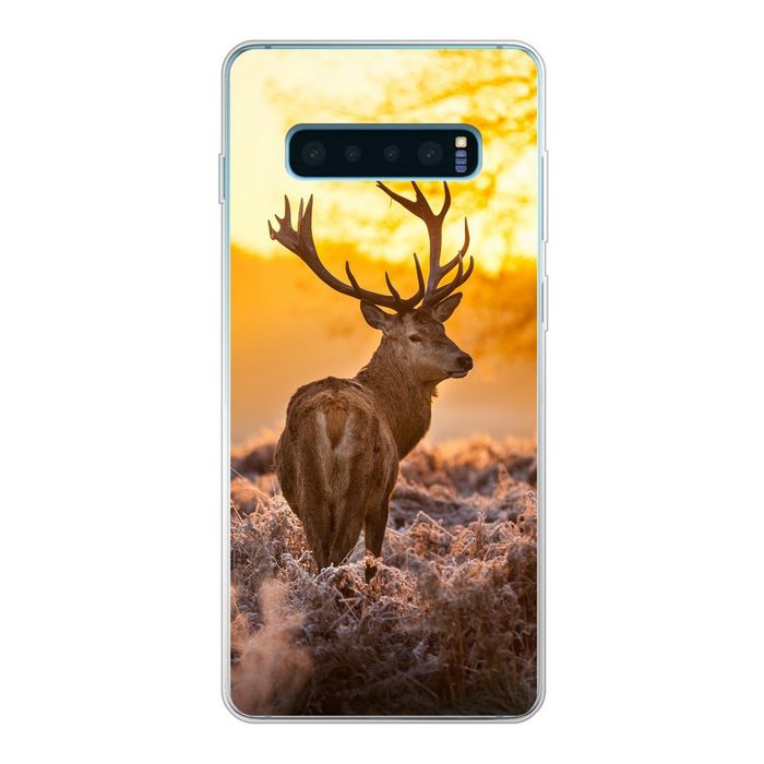 MuchoWow Handyhülle Hirsche - Tiere - Sonnenuntergang - Winter - Heidekraut - Natur Phone Case Handyhülle Samsung Galaxy S10+ Silikon Schutzhülle