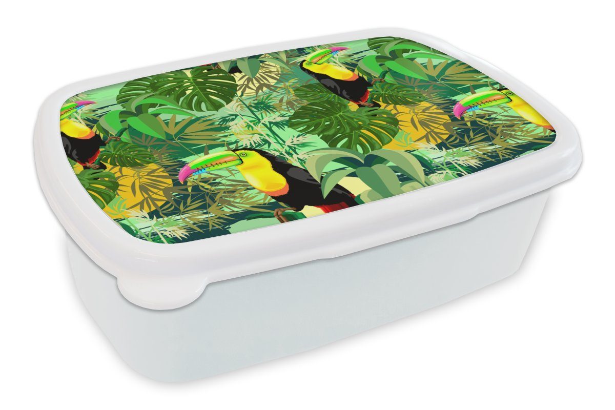 MuchoWow Lunchbox Vogel - Muster - Dschungel, Kunststoff, (2-tlg), Brotbox für Kinder und Erwachsene, Brotdose, für Jungs und Mädchen weiß