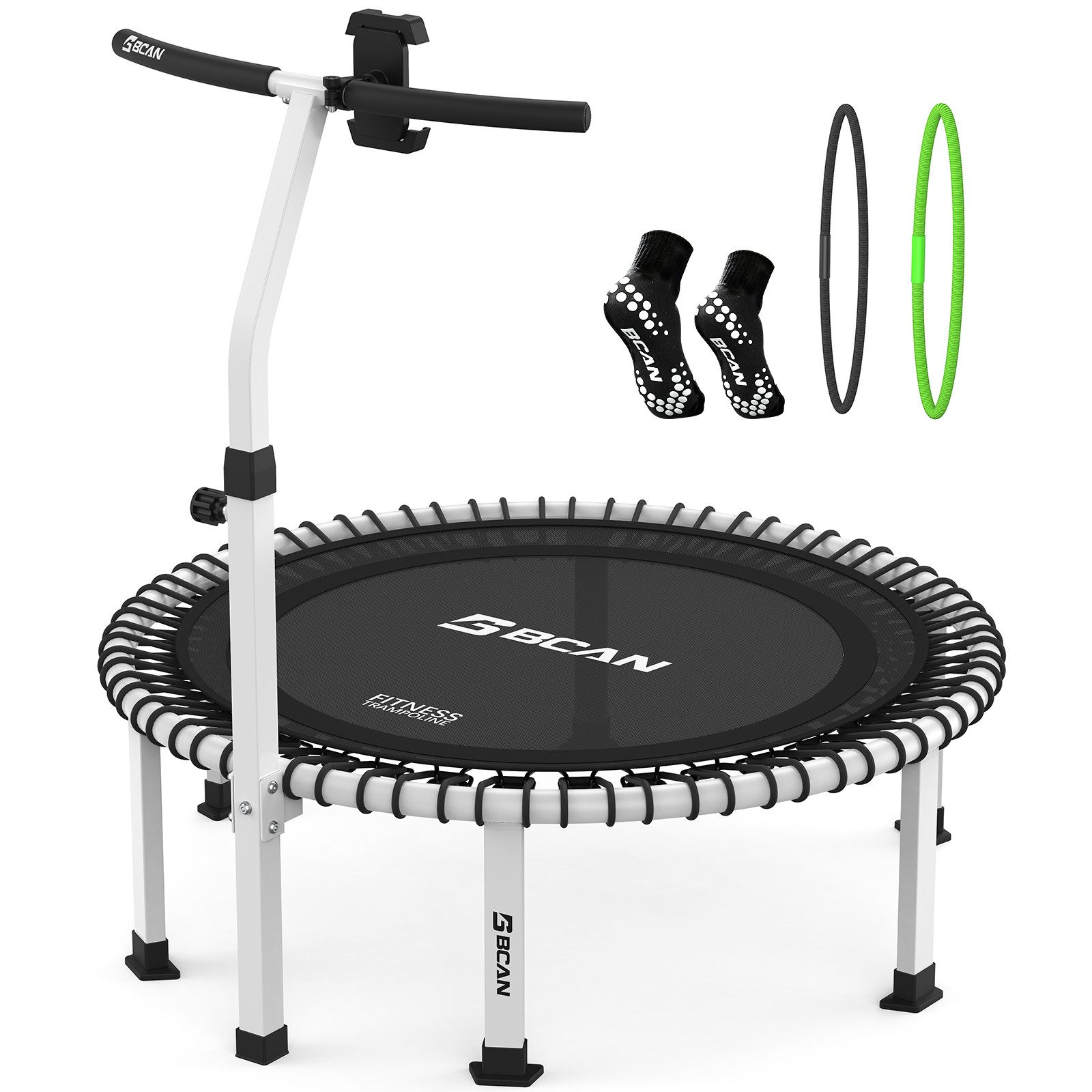 BCAN Fitnesstrampolin Erwachsenen-Trampolin, 227 kg, leise, verstellbare Seile, inkl. Griff & Socken, weiß