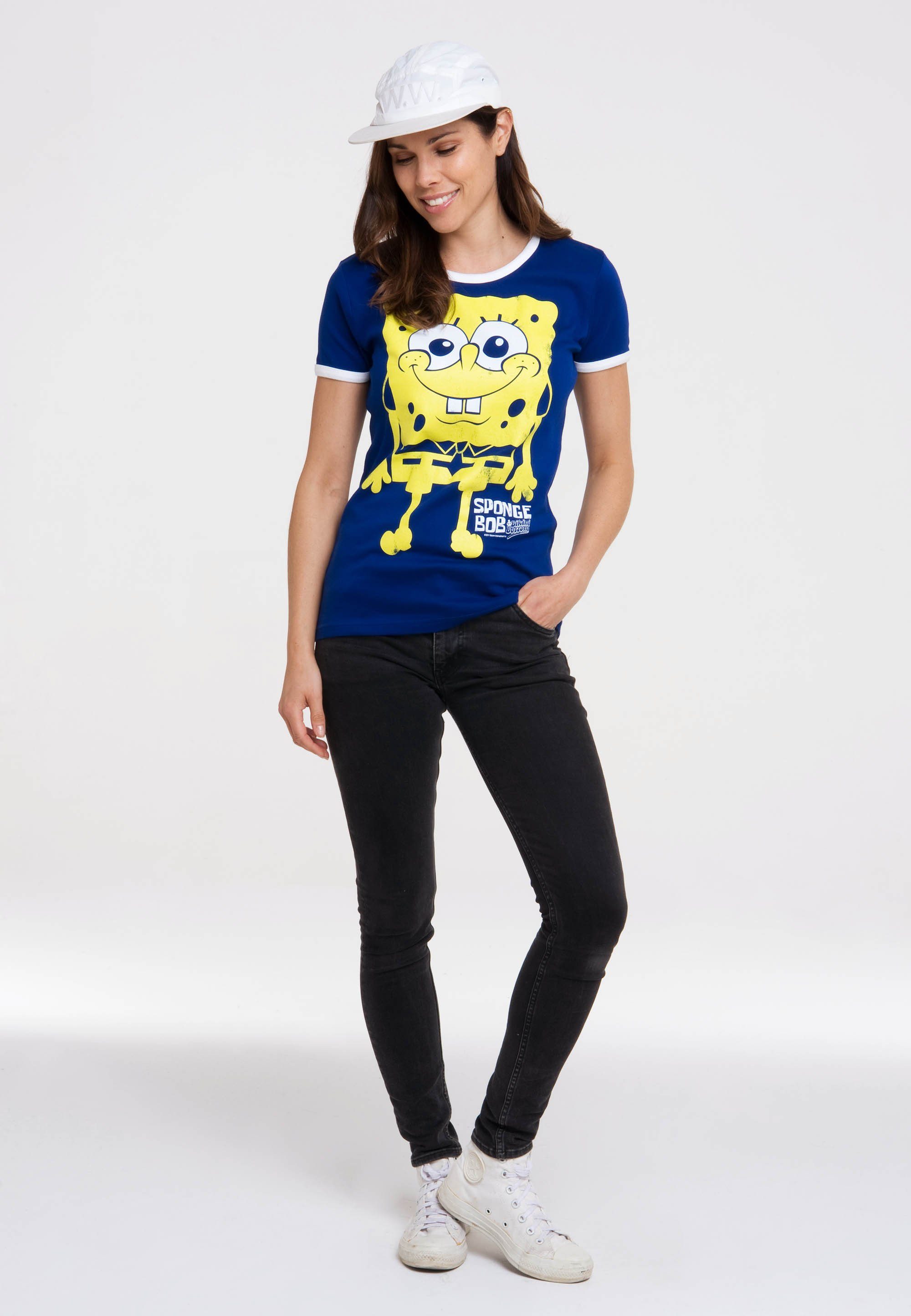 reiner Spongebob mit angenehmer Schwammkopf lizenziertem Aus LOGOSHIRT und Print, gefertigt Baumwolle T-Shirt