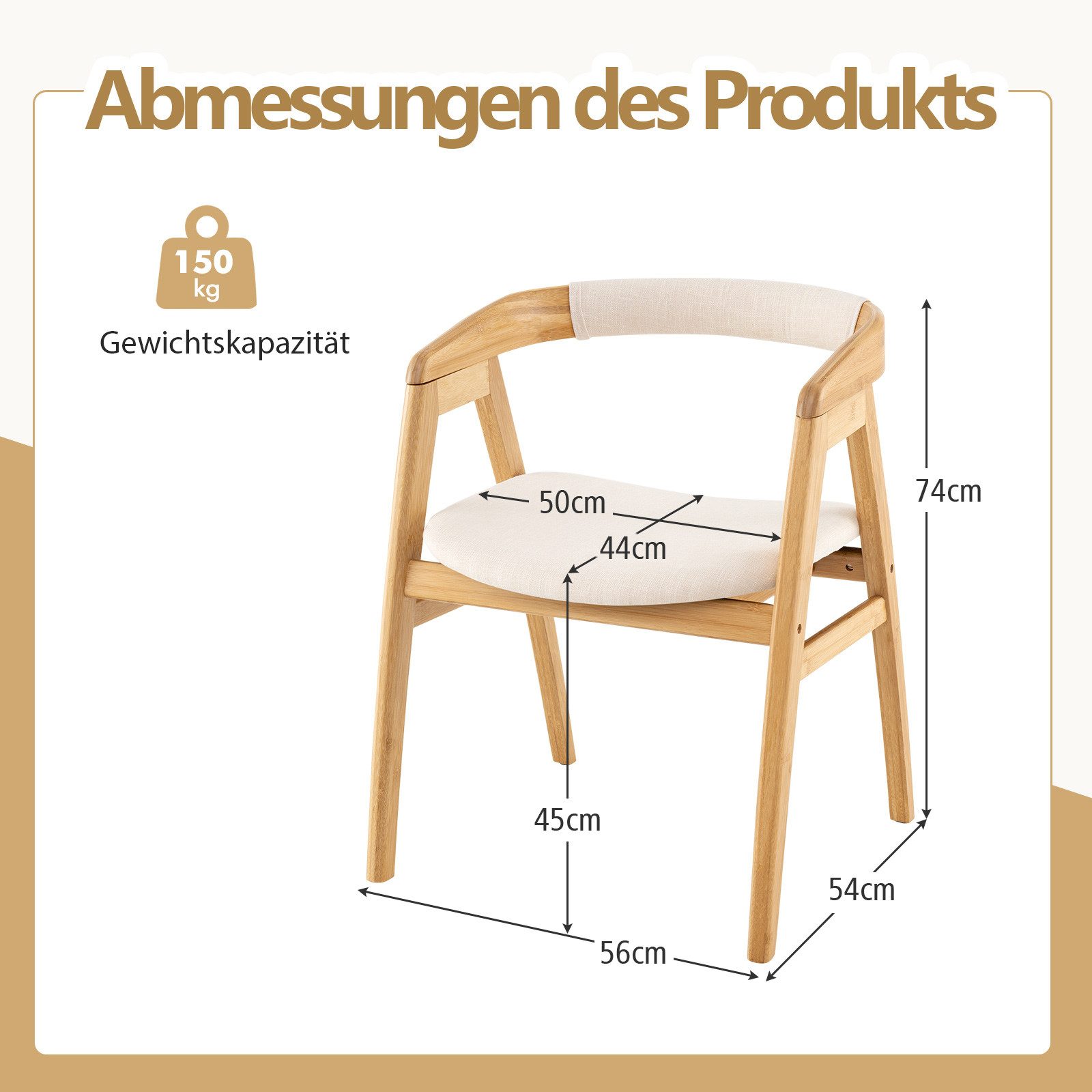 COSTWAY Esszimmerstuhl Küchenstuhl (1 St), mit Lehne, gepolstert, Bambus, 150kg – Bild 5 von 5