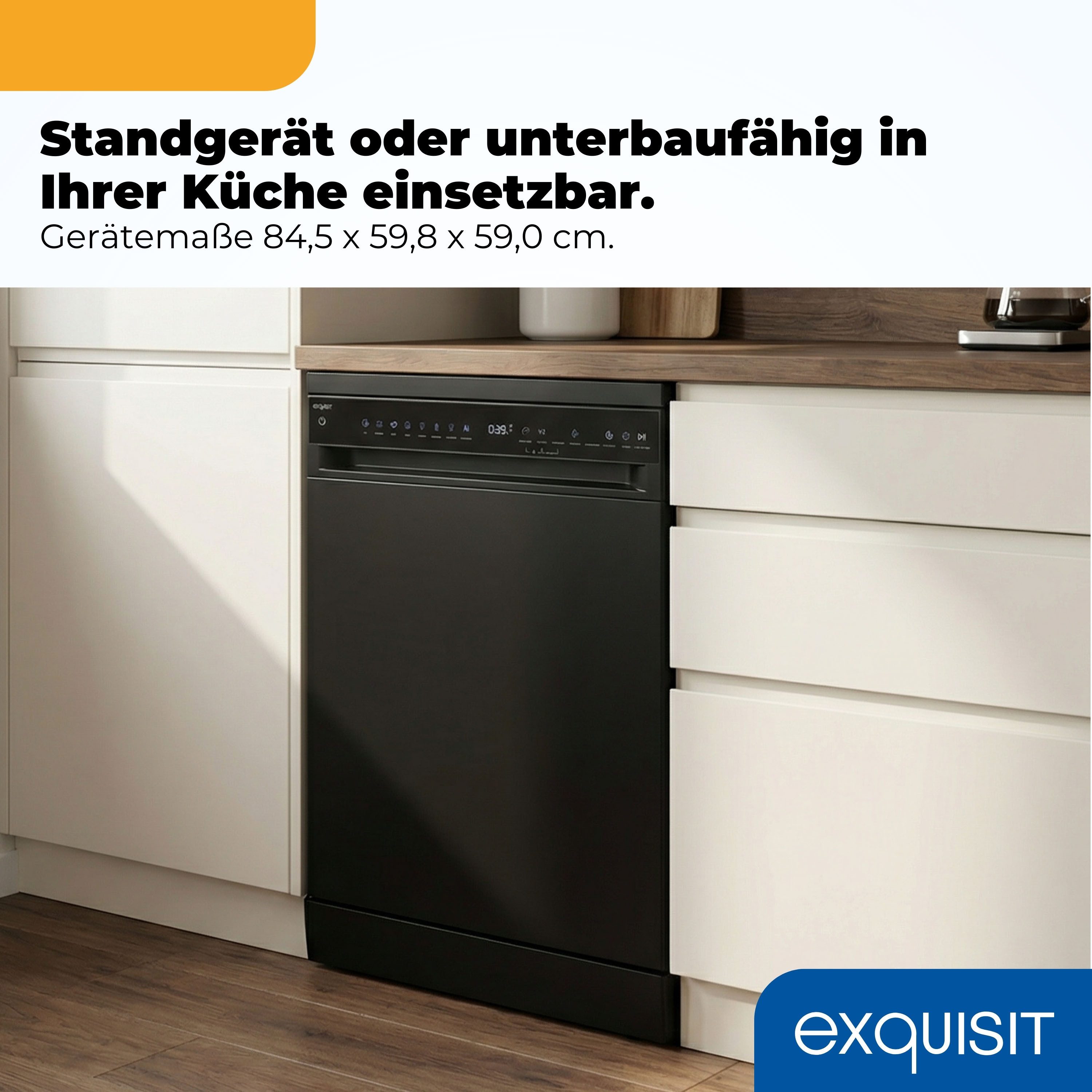 exquisit Standgeschirrspüler 9616 GSP9616-450B schwarz, 10,9 l, 16 Maßgedecke, 16 Maßgedecke & flüsterleise 44 dB – stark und angenehm ruhig
