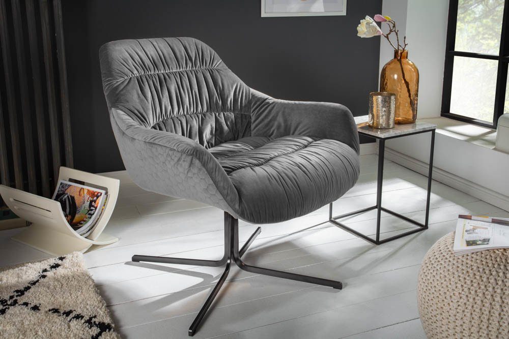 riess-ambiente Sessel BIG DUTCH grau / schwarz, Wohnzimmer · Samt · 360° drehbar · Retro