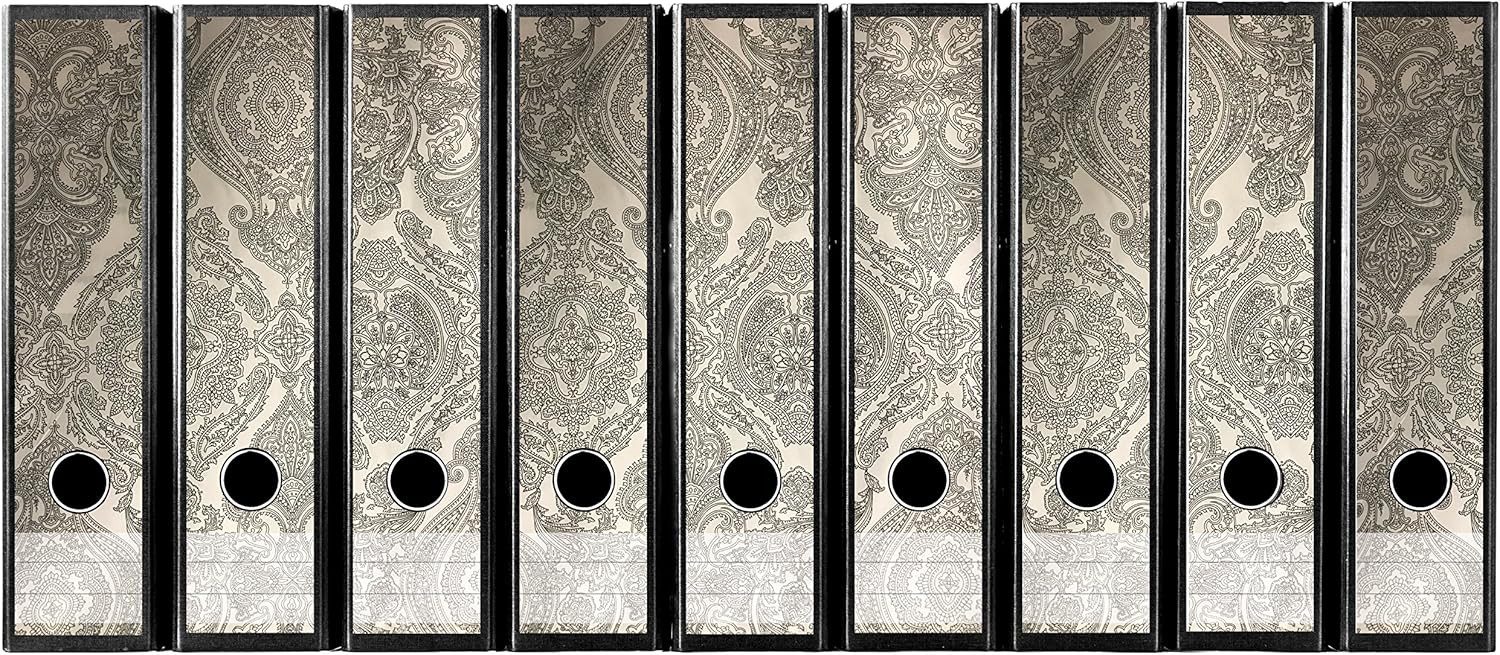 codiarts.® Aktenordner Rücken Sticker für 9 breite Ordner - Motiv: Ornamente Grau & Beige, zum Beschriften