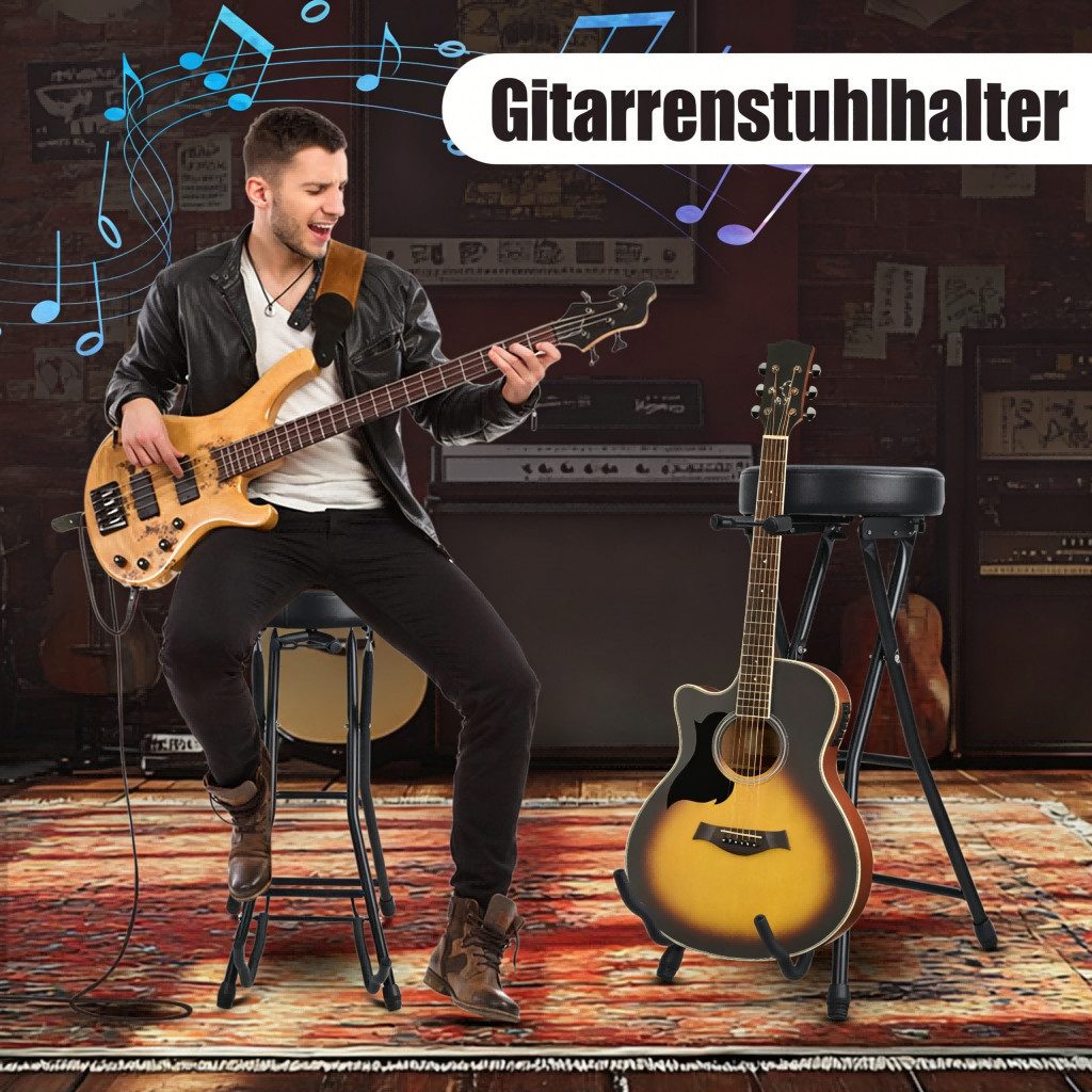 Rutaqian Gitarrenständer Gitarrenhocker mit integriertem Gitarrenständer, klappbar, Gepolsterter Musikerhocker mit Fußstütze und EVA-Auflage