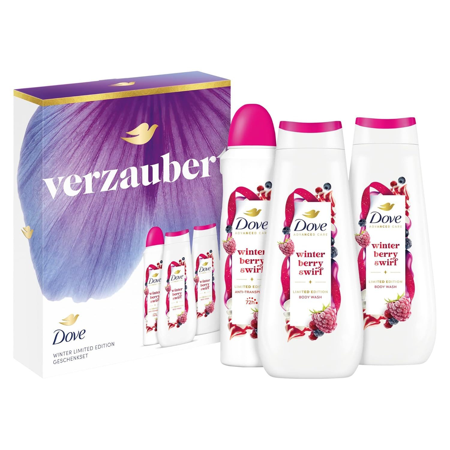 DOVE Pflege-Geschenkset 1x Dove Geschenkset "Verzaubert" Winter Limited Edition, 1-tlg., mit 2x Duschcreme und Anti Transpirant 225 ml + 225 ml + 150 ml