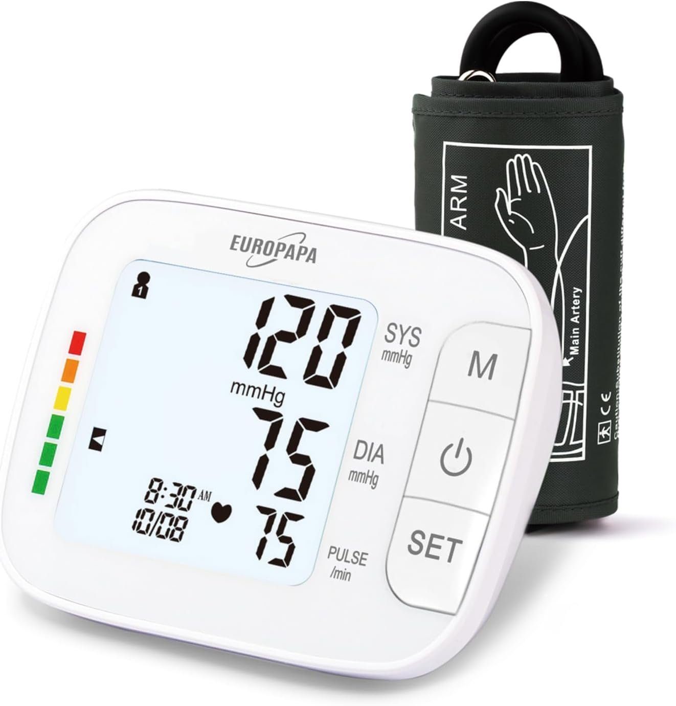 EUROPAPA Oberarm-Blutdruckmessgerät Blutdruckmessgerät Oberarm für den Heimgebrauch, Pulsmessung Blutdruckmessung, mit Große Manschette (22-42cm), 2 * 60 Speicher, Dual-User
