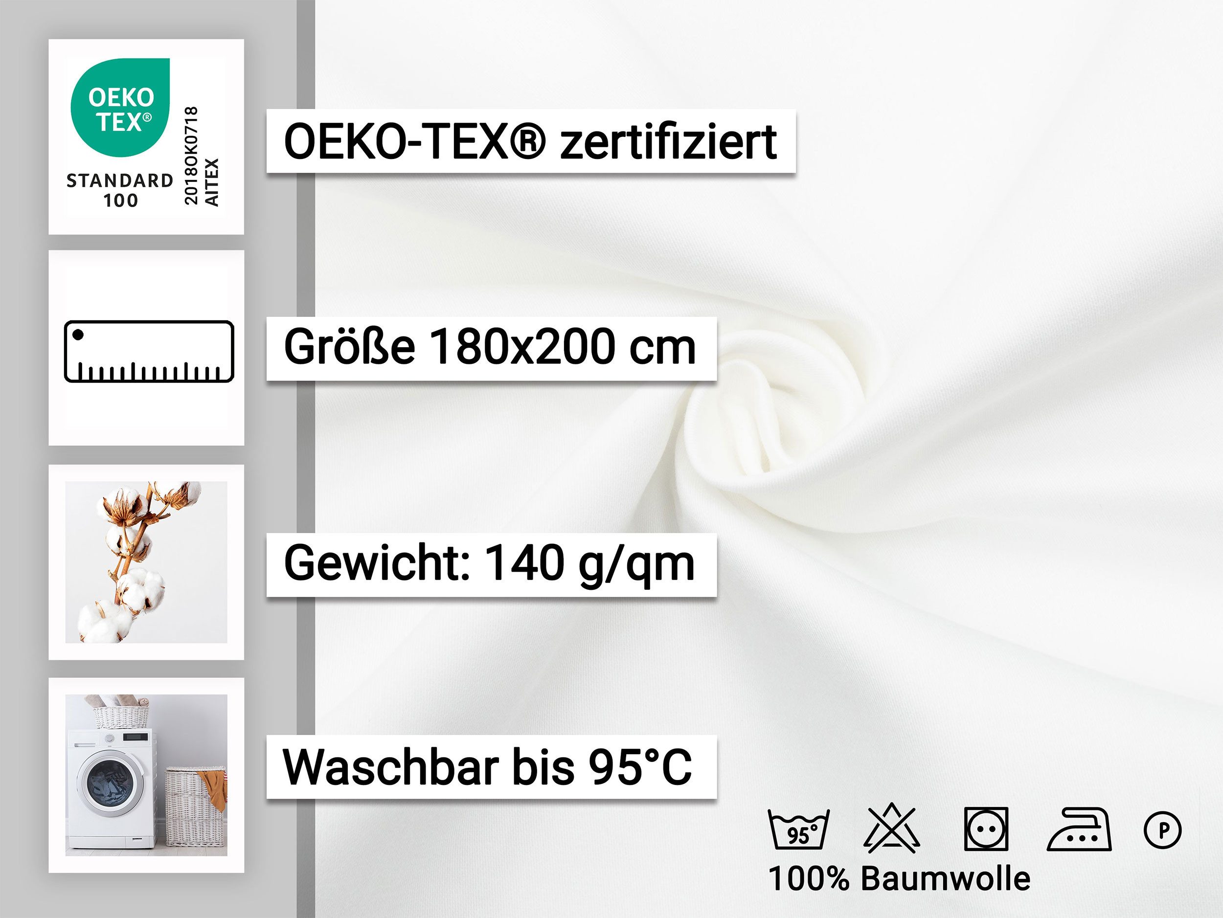ZOLLNER Spannbettlaken, Satin, Gummizug: an den Ecken, 180 x 200 cm, 100% Baumwolle