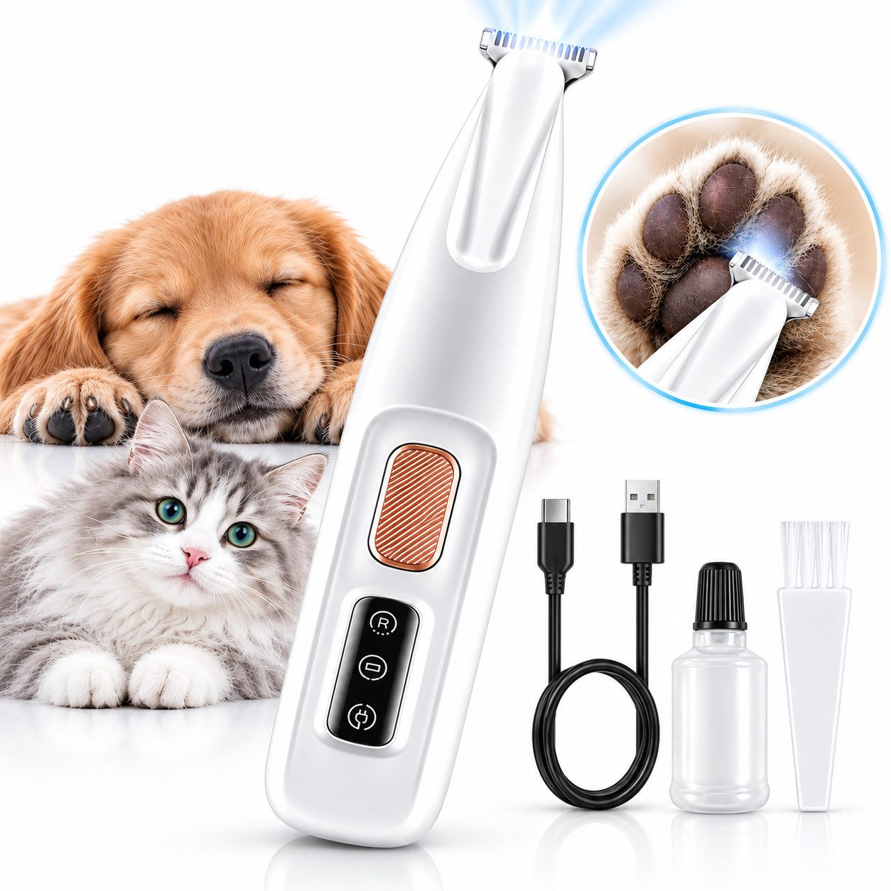 VEKROBOT Hundeschermaschine Hundepfoten Trimmer Kabellos mit LED Einfaches Haarschneide-Set, Mehrbereichs Trimmen für präzise Styling-Ergebnisse, Voll wasserdicht leichte Reinigung von Haaren, hygienisch sauber