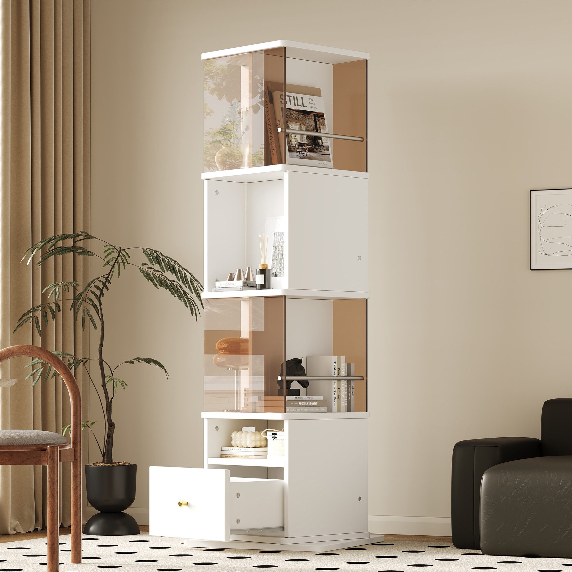 Ulife Vitrine freistehender Spiegel-Schrank, Schubladenschienen (2-St) 50*50*160, Weiß und Braun