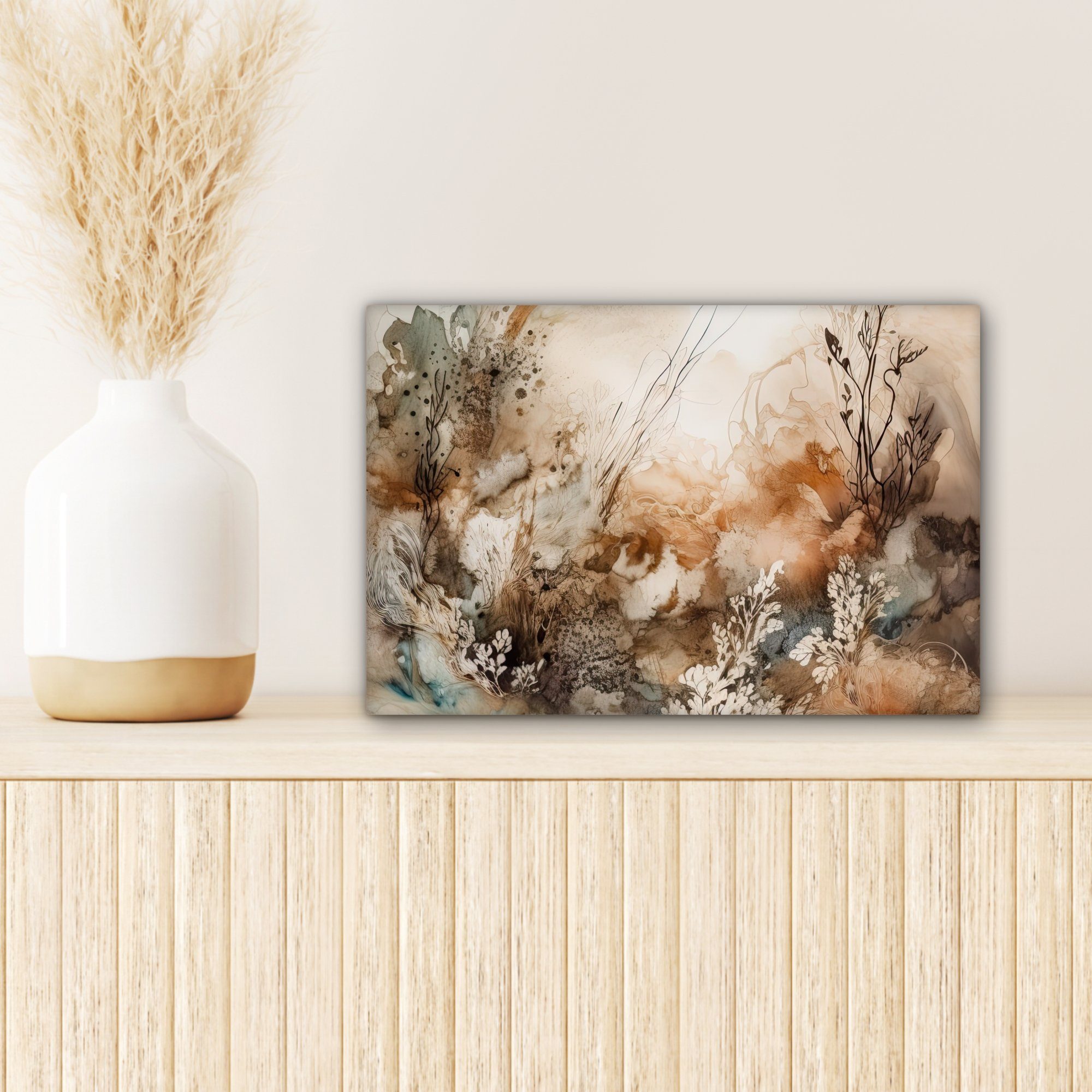 Natur - 30x20 Farbe Leinwandbilder, Kunst St), Beige - - cm Aufhängefertig, - Wandbild (1 Wanddeko, - Abstrakt Leinwandbild Blumen, OneMillionCanvasses®