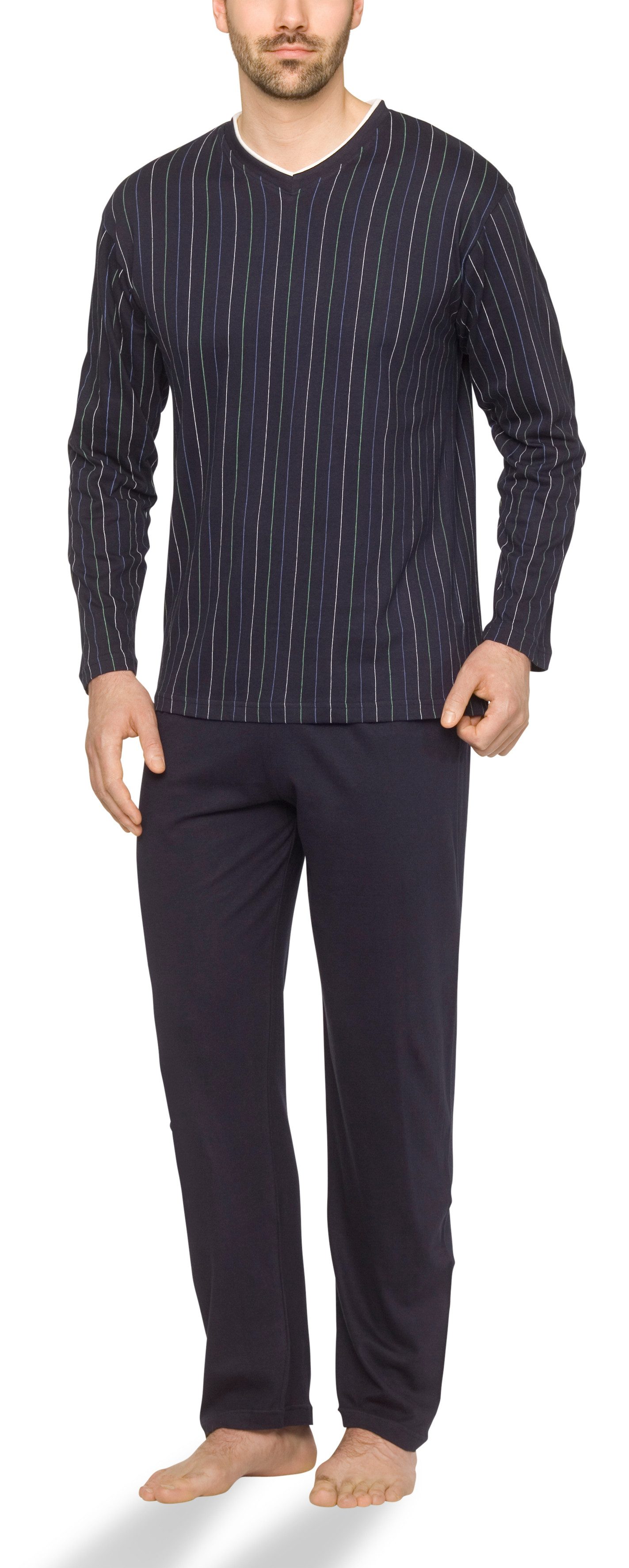 Moonline Pyjama Schlafanzug lang, 100% Baumwolle mit V-Ausschnitt und Streifen-Design