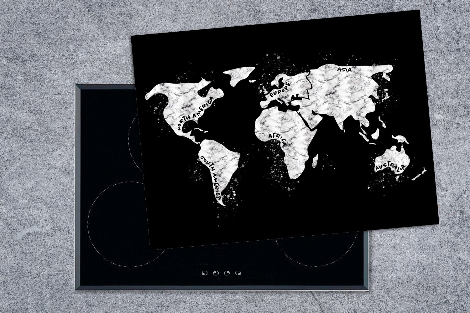 cm, - Ceranfeldabdeckung Marmor 70x52 - Weiß, - MuchoWow Vinyl, (1 Arbeitsfläche Weltkarte tlg), Mobile nutzbar, Schwarz Herdblende-/Abdeckplatte