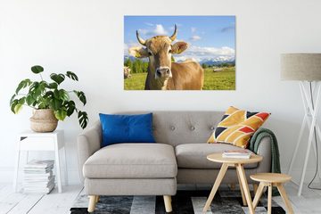 Pixxprint Leinwandbild Neugierige Kuh auf Weide im Allgäu, Neugierige Kuh auf Weide im Allgäu (1 St), Leinwandbild fertig bespannt, inkl. Zackenaufhänger