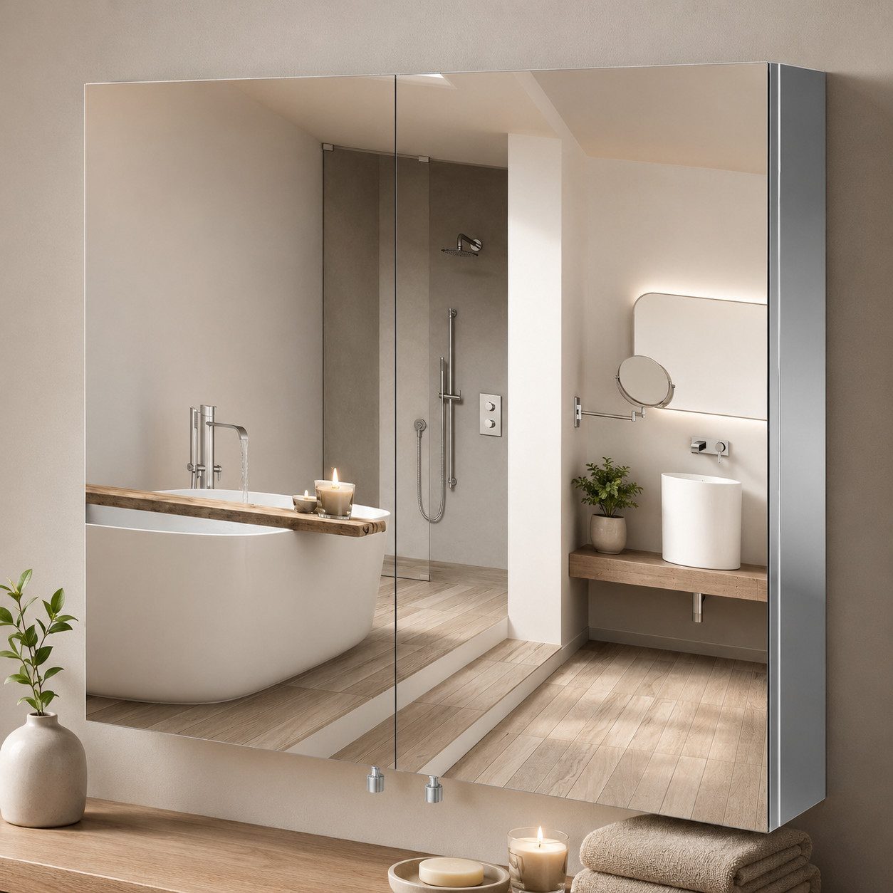 Diyarts Badezimmerspiegelschrank (Spiegelschrank, Badezimmerschrank) 2 Spiegeltüren und Ablagefächern, wandhängend