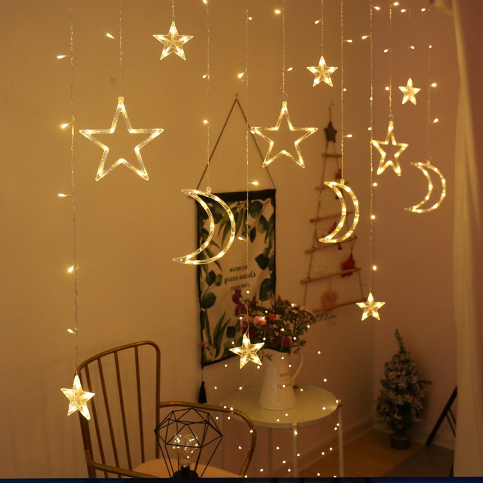 Deko 8 Stern Weihnachten MUPOO Lichterkette Licht, Warmes modi,IP44,120LEDs,für Lichterketten,3M LED Weiß Wohnzimmer Innen Mond Vorhang Außen Party Lichtervorhang LED