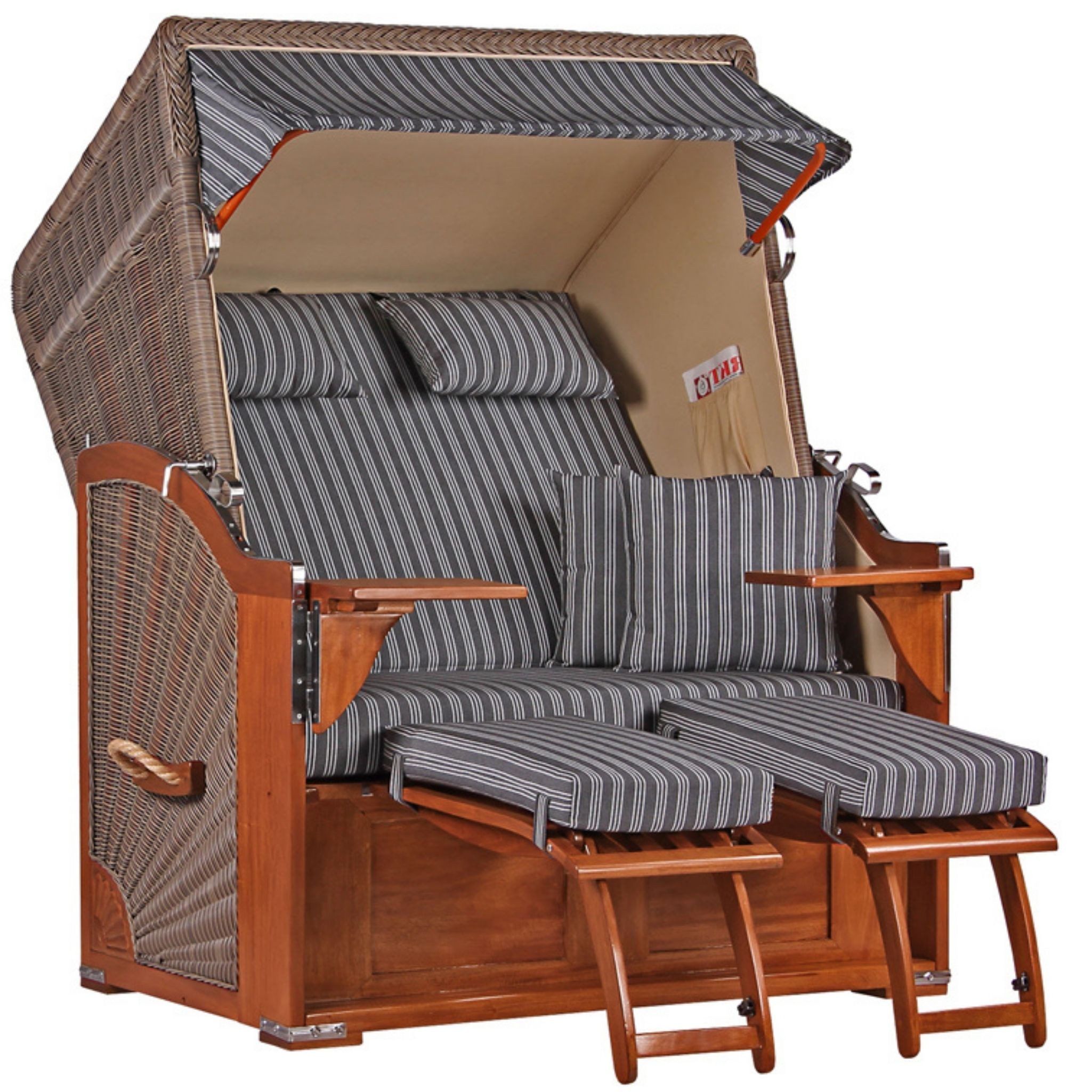 MR.DEKO Strandkorb 2-Sitzer Seeblick Vollholz PE Grey Volllieger, BxTxH: 125x80x170 cm, Volllieger, Seeblick, (Zweisitzer als Volllieger für Balkon und Garten), der Strandkorb mit einhängbaren Fußablagen, wetterfest