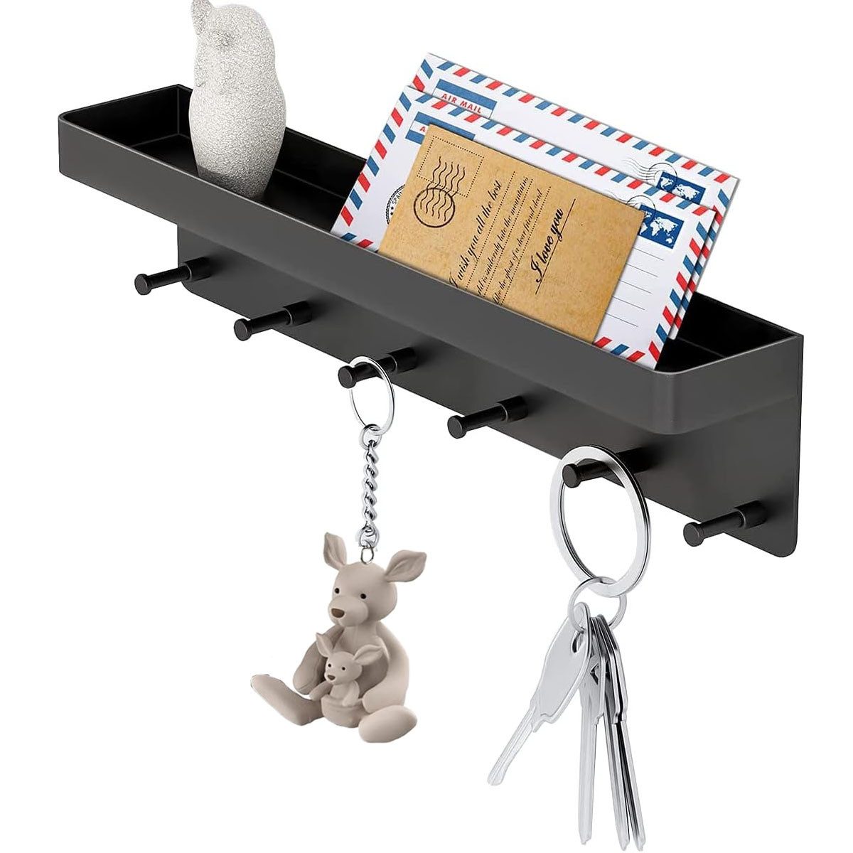 SURFOU Schlüsselbrett Schlüsselbrett mit Ablage, Schlüsselboard Schlüsselhalter ohne Bohren, (Edelstahl Selbstklebend Schlusselhanger Schlüssel Aufbewahrung Schlüsselleiste Wandorganizer Hakenleiste mit 6 Haken, Weiß/Schwarz, Schlüsselbrett), Edelstahl