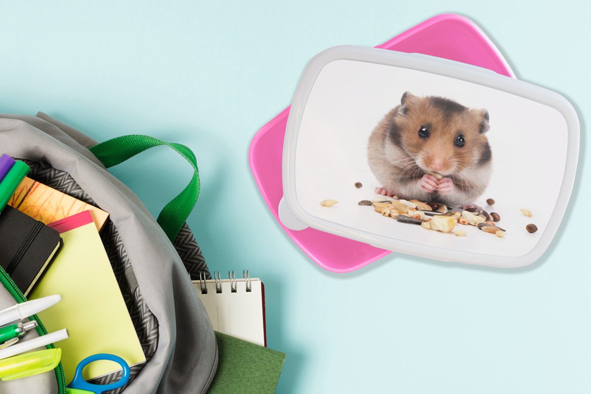 MuchoWow Lunchbox Hamster frisst Samen, Kinder, für Mädchen, (2-tlg), Erwachsene, Snackbox, Brotdose rosa Kunststoff Kunststoff, Brotbox