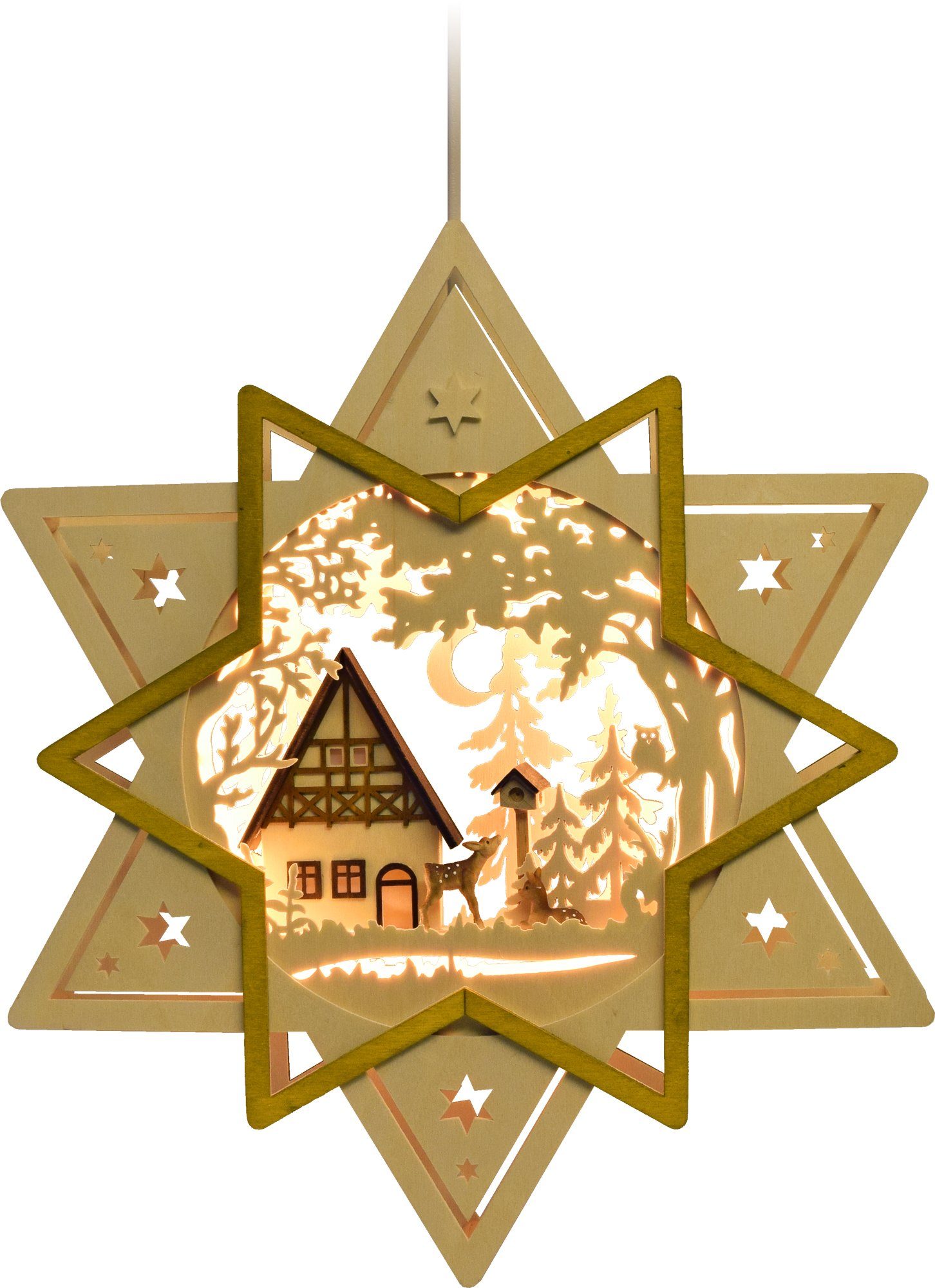 RATAGS LED Fensterbild Fensterbild, beleuchtet, Stern mit Haus, Wald und Rehen, LED fest integriert