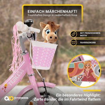 Actionbikes Motors Kinderfahrrad Mädchen Kinder Fahrrad Princess in Rosa Weiß, 1 Gang, ohne Schaltung, (höhenverstellbares Bike - Mädchen Kinderrad - Prinzessin Design - V-Brake-Bremse vorne & hinten - Wave-Rahmen - gefederter Sattel, 1-tlg., Rutschfeste Handgriffe - Schutzbleche - Reflektoren - Korb - pink), Kinderrad 12 Zoll - Mädchenfahrrad - 2 - 5 Jahre - Stützräder