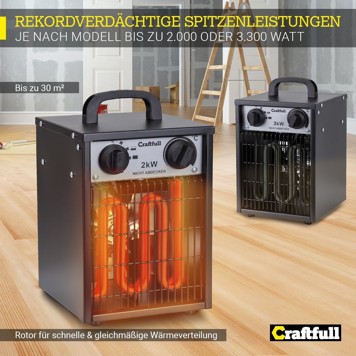 Craftfull Heizlüfter Elektro J. 3 HL200 2000 Tragegriff - W, - - Elektroheizung inkl. 3 Garantie Heizgerät Heizer Termostatregelung Heizstufen - Bauheizer, Heizung