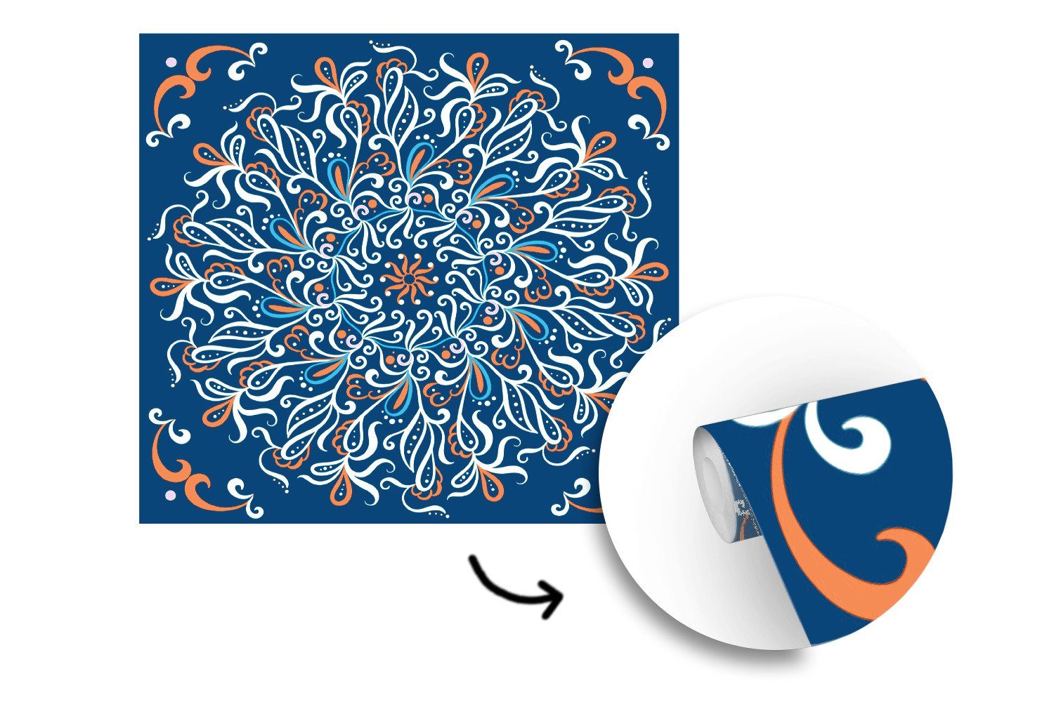 Muster, Tapete Mandala Wohnzimmer Wandtapete - MuchoWow - für St), Schlafzimmer, oder bedruckt, Blau Matt, (5 Vinyl Fototapete