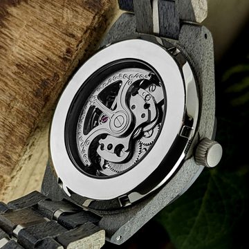Holzwerk Automatikuhr DEMMIN Herren Edelstahl & Holz Armband Uhr, grau, silber, blau/rot