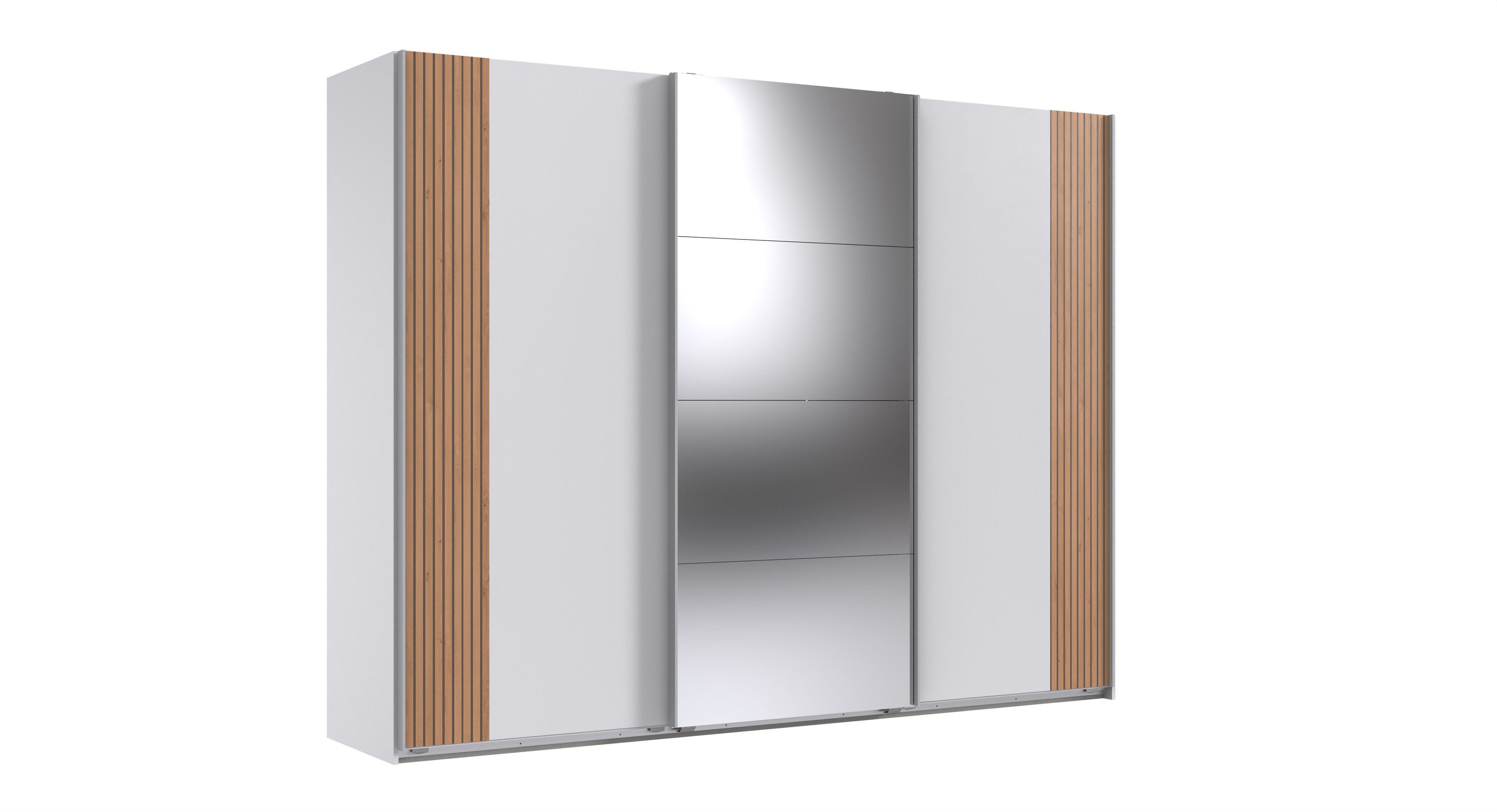 Wimex Schwebetürenschrank Spiegel, Weiß / Akustiklamelle Artisan Eiche - 270x208x64cm (BxHxT)