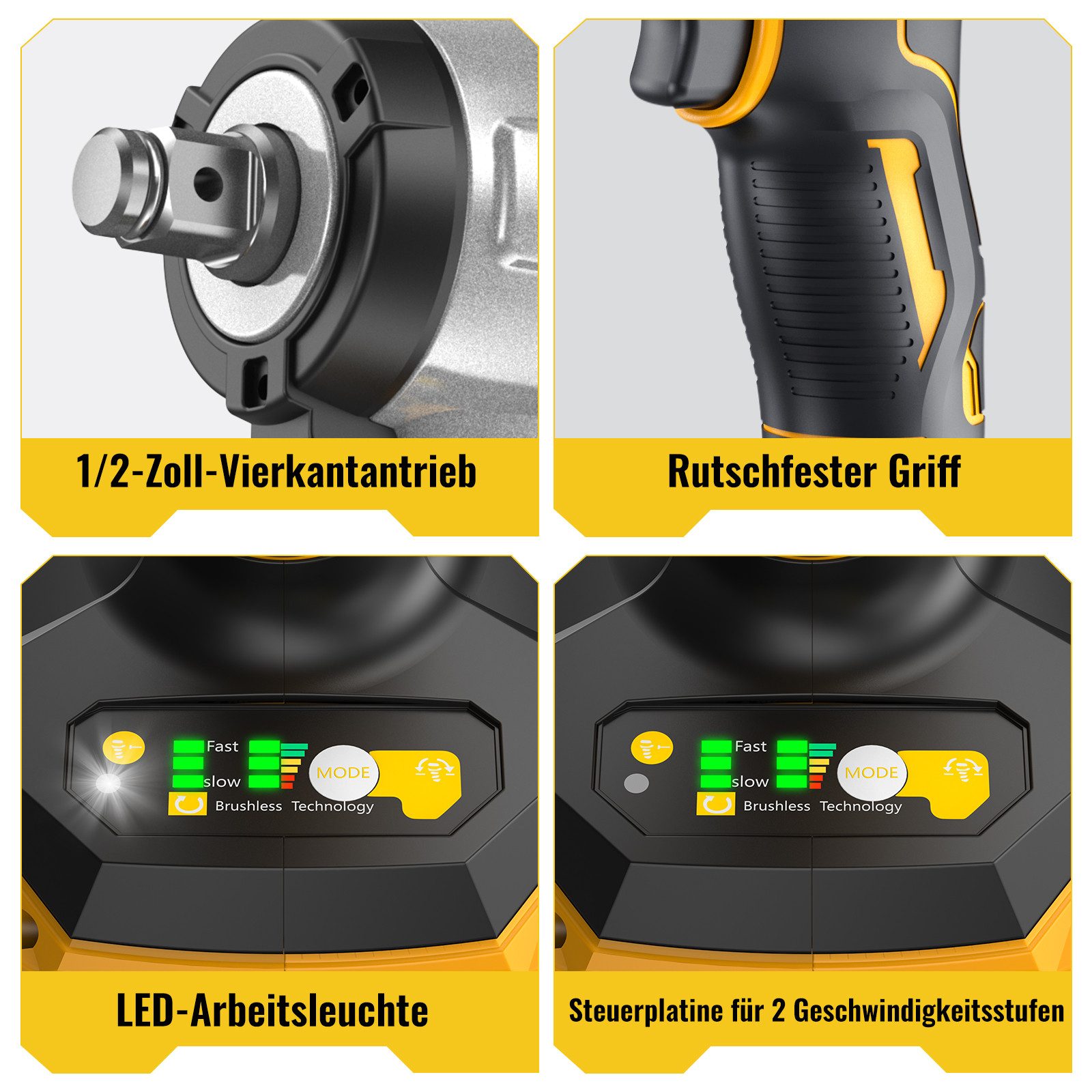 CONENTOOL Akku-Schlagschrauber 500 Nm, Bürstenloser Motor, 2x 4000 mAh Akku, 1/2" Vierkant, 2500 U/min, 500 Nm, (Set, 14-tlg., 5 Stecknüsse (17/18/21/22/24 mm), 5 Bohrer, 3 Bits, Adapter), Elektro-Schlagschrauber & Schlagbohrer 2-in-1