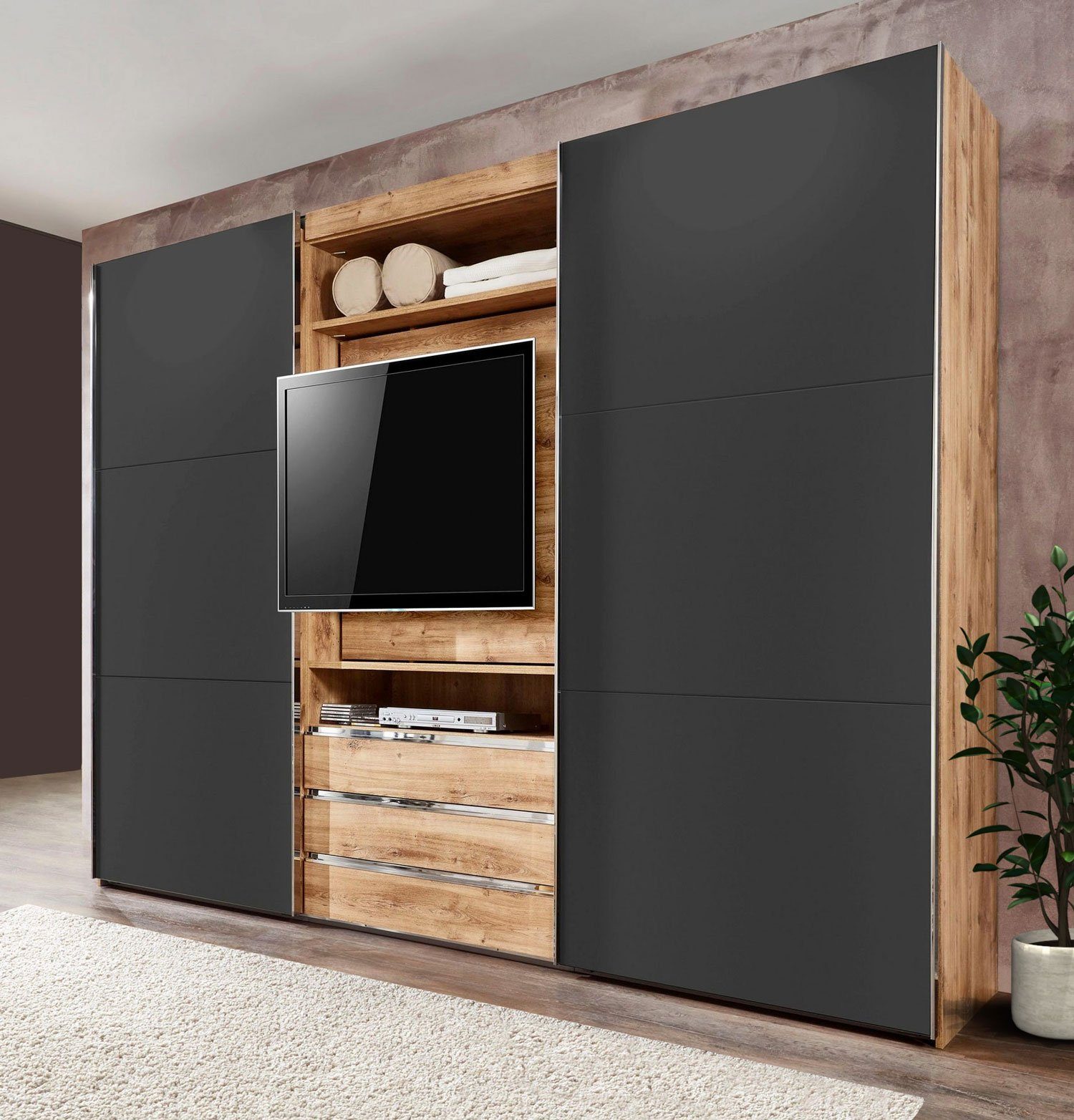Wimex Schwebetürenschrank Magie (mit Türen, mit Schubladen, mit Einlegeböden, mit TV-Element, 1-St., moderne Optik, 2-türig mit TV-Element) 300x65x216cm plankeneiche graphit