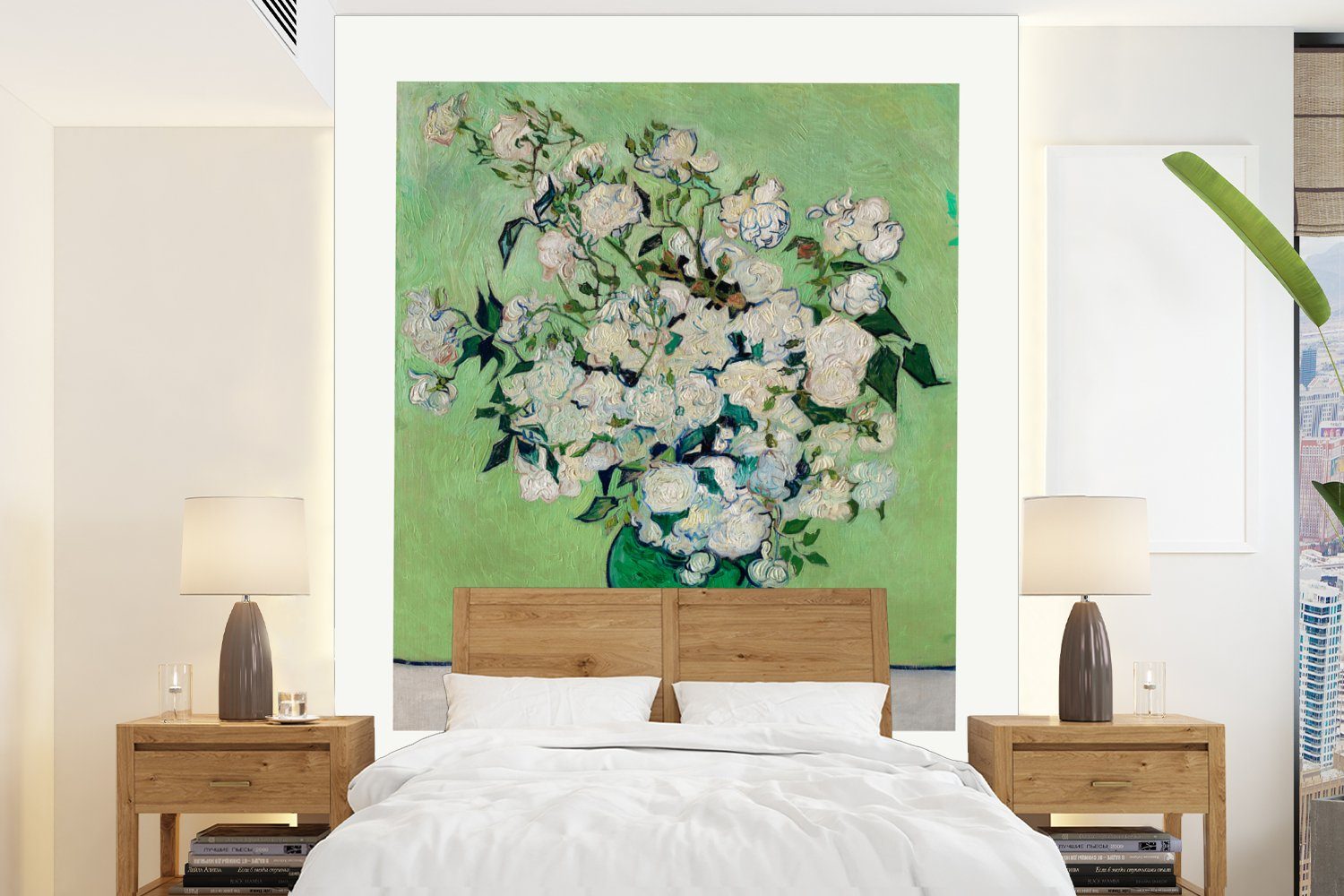 MuchoWow Fototapete Van Gogh - Gemälde - Grün - Blumen, Matt, bedruckt, (4 St), Montagefertig Vinyl Tapete für Wohnzimmer, Wandtapete