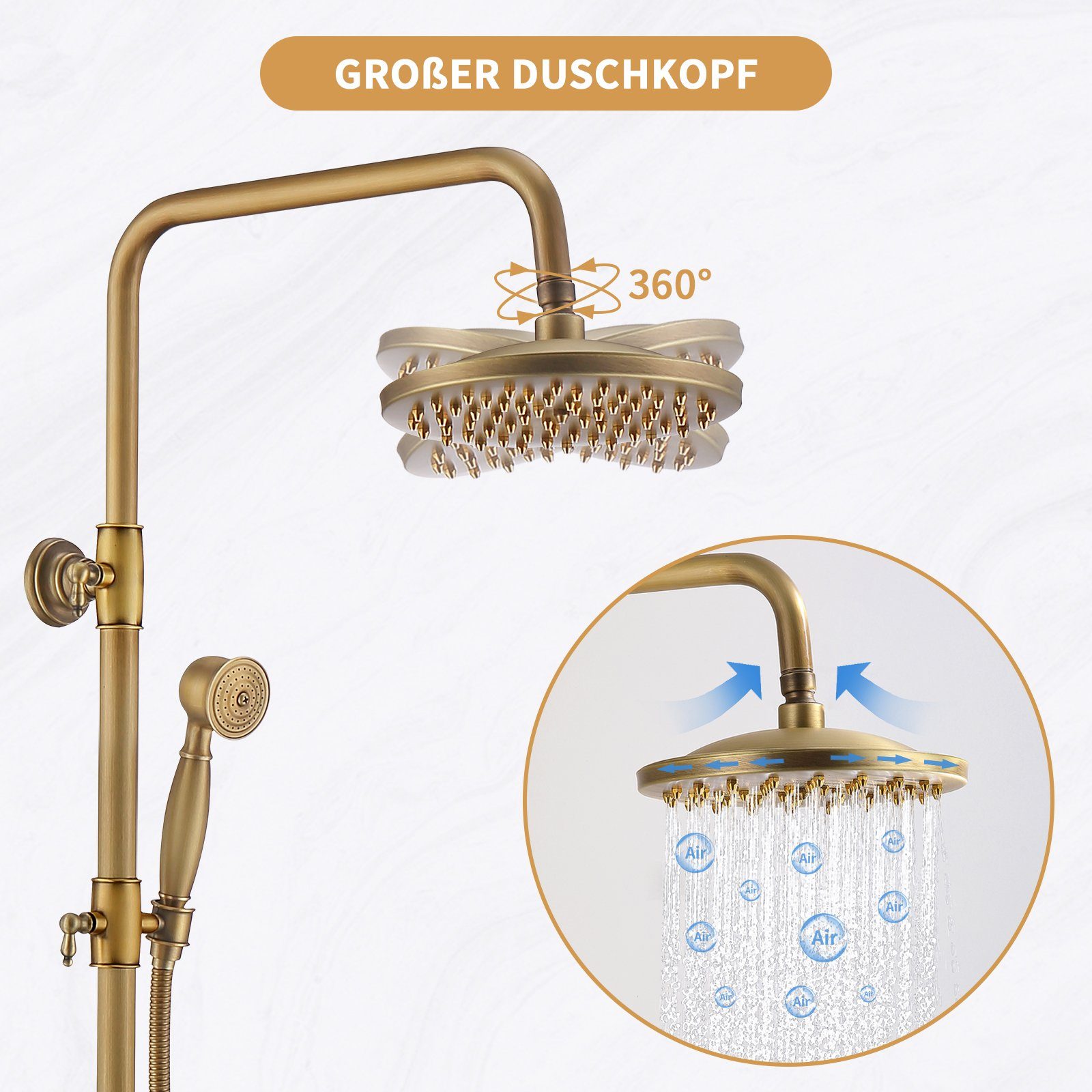 HOMELODY Duschsystem gold Retro Messing Duscharmatur Set Antik Gold Dusche mit Regendusche, 2 Strahlart(en), Thermostatische Dusche, Duschset mit 8" Regendusche – Bild 5 von 5