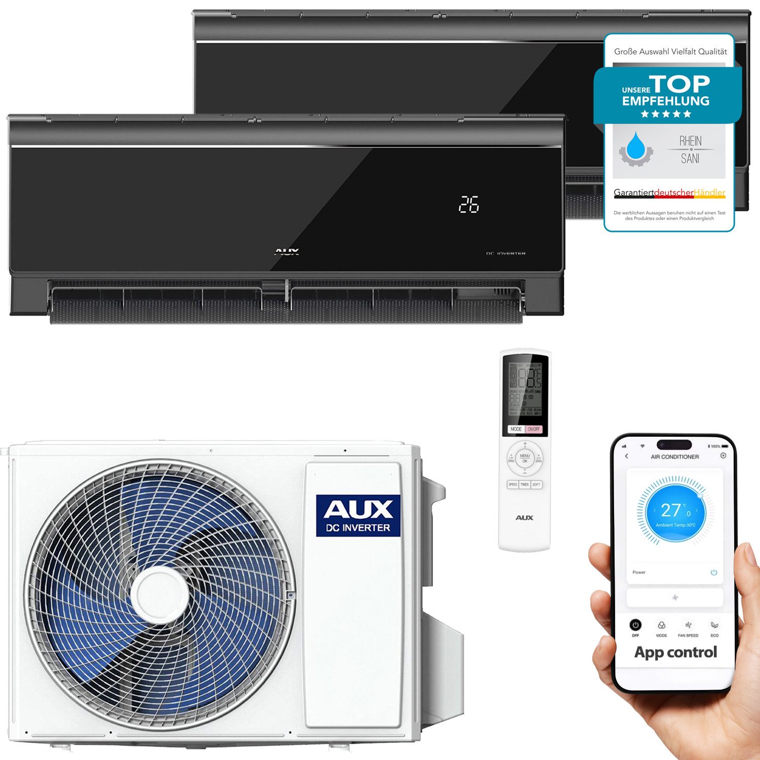 AUX Split-Klimagerät Set mit Außengerät und Innenwandgeräten, Klimaanlage mit App-Steuerung, R32 Kühlung & Heizung für Wohnräume, Büro & Gewerbe