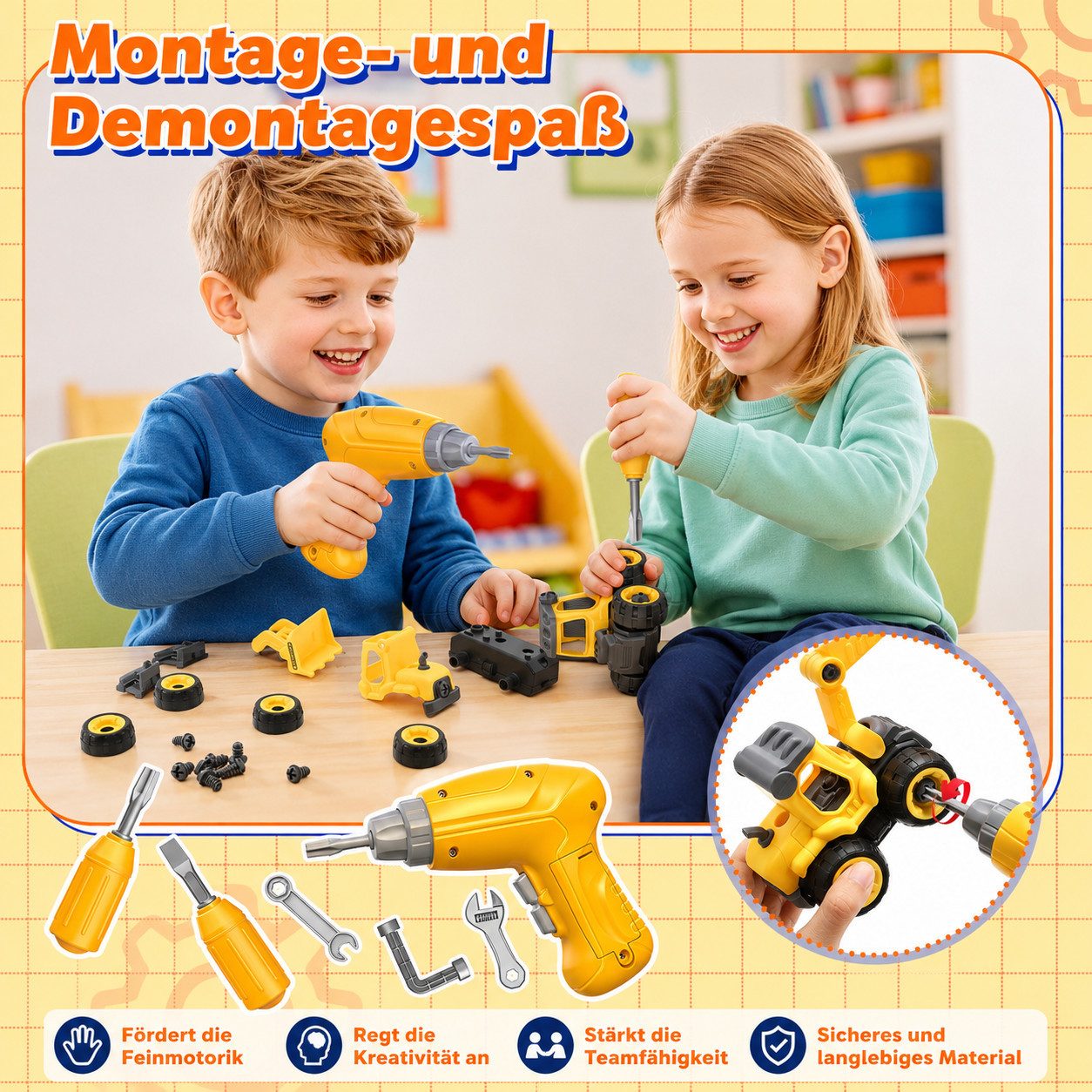 Wootoy Spielwerkzeugkoffer Spielwerkbank Kinder Werkzeugkoffer mit Arbeitskleidung Rollenspiel, (mit Elektrobohrer Hammer Schraubendreher Engländer Knarrenschlüssel, Zerlegbarer Bagger Großer Tragekoffer für ein Handwerker-Erlebnis), Perfekt als Geschenk für Jungen und Mädchen ab 3 Jahren