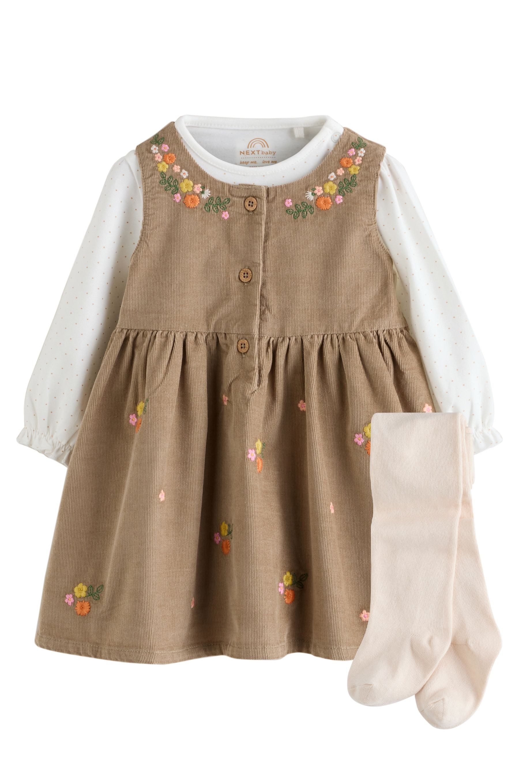 Next Latzkleid Baby-Set: Latzkleid, Langarm-Bodysuit, Strumpfhose (3-tlg)