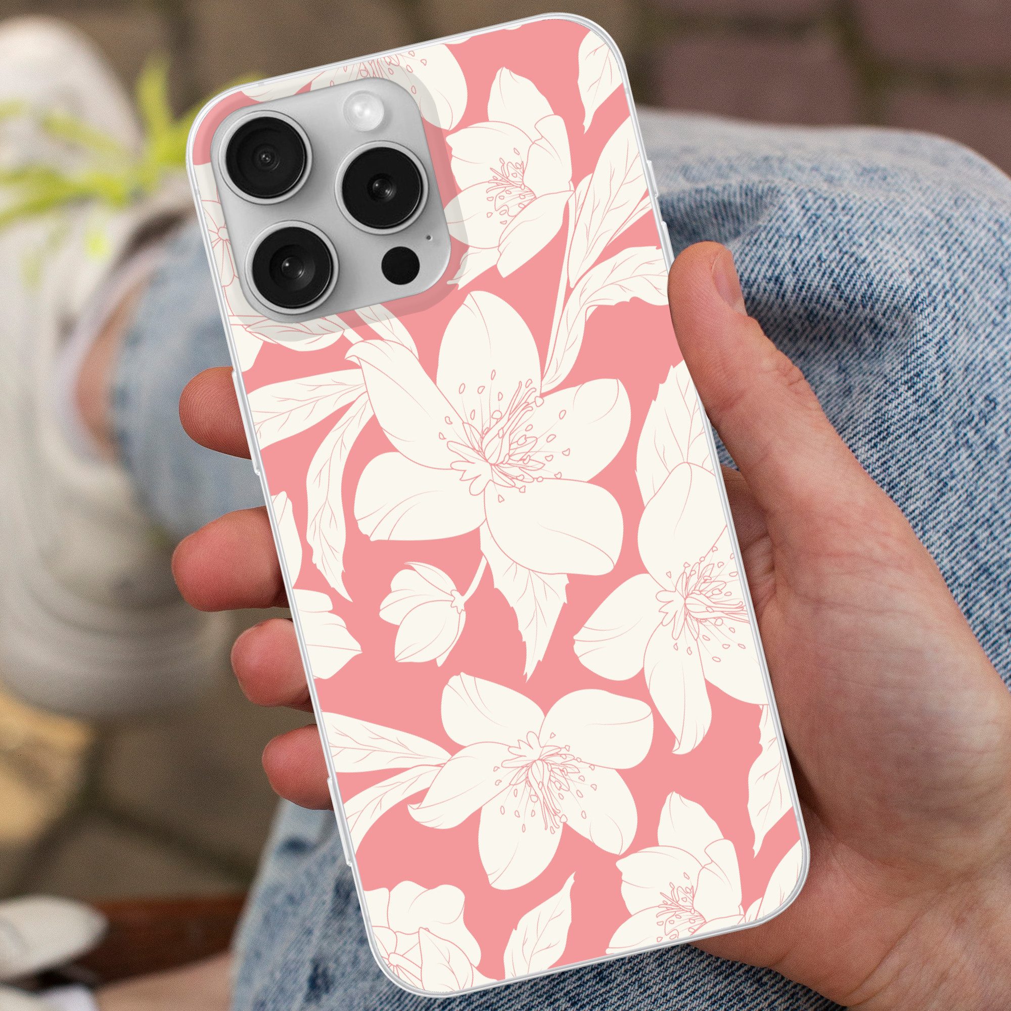 MuchoWow Handyhülle für Apple iPhone 16 Pro Max Blumen - Muster - Rosa - Weiß, Smartphone-Bumper, Print, Handy Schutzhülle Dünn