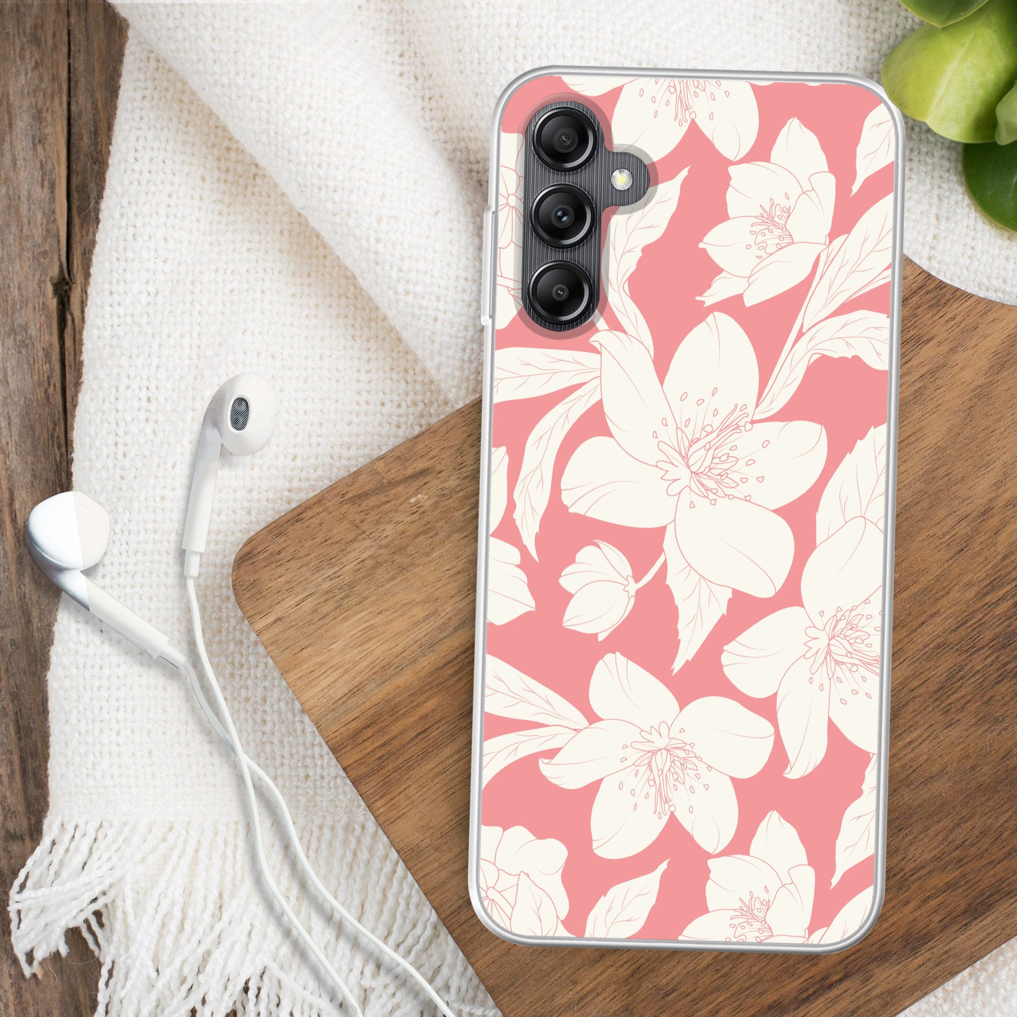 MuchoWow Handyhülle für Samsung Galaxy A14 5G Blumen - Muster - Rosa - Weiß, Smartphone-Bumper, Print, Handy Schutzhülle Dünn