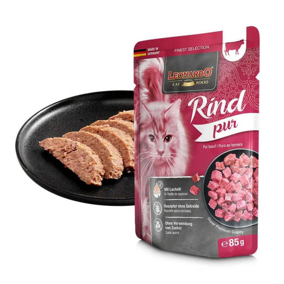 Leonardo Catfood Rind Pur - getreidefreies Nassfutter mit Lachsöl 16x85g, Nassfutter für: Katzen