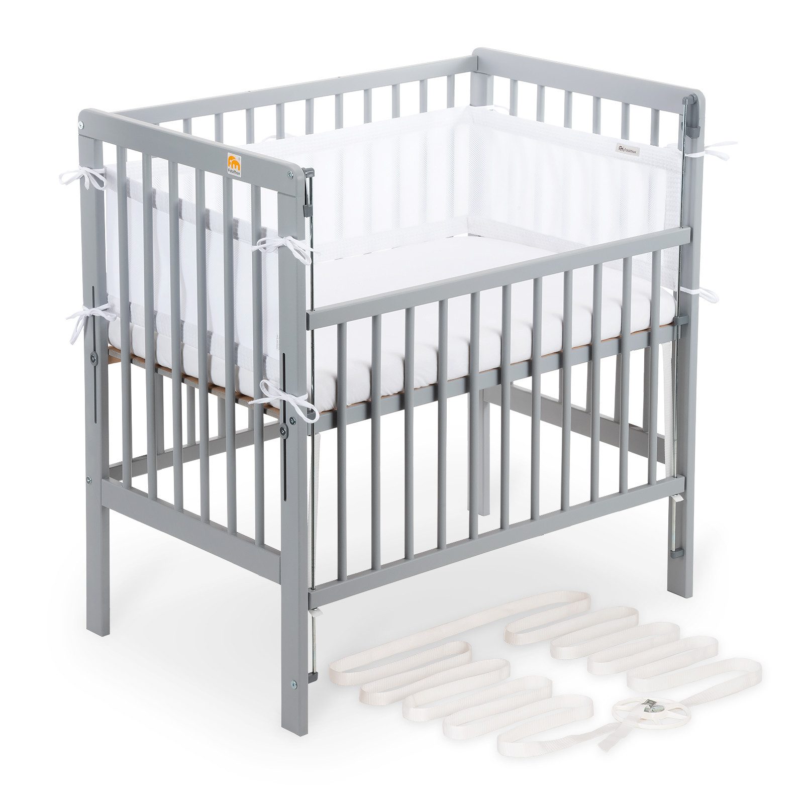 FabiMax Beistellbett Beistellbett Flex 90x55, TÜV geprüft, aus Buchenholz grau lackiert, stufenlos höhenverstellbar, passend für Boxspringbetten, 2 in 1