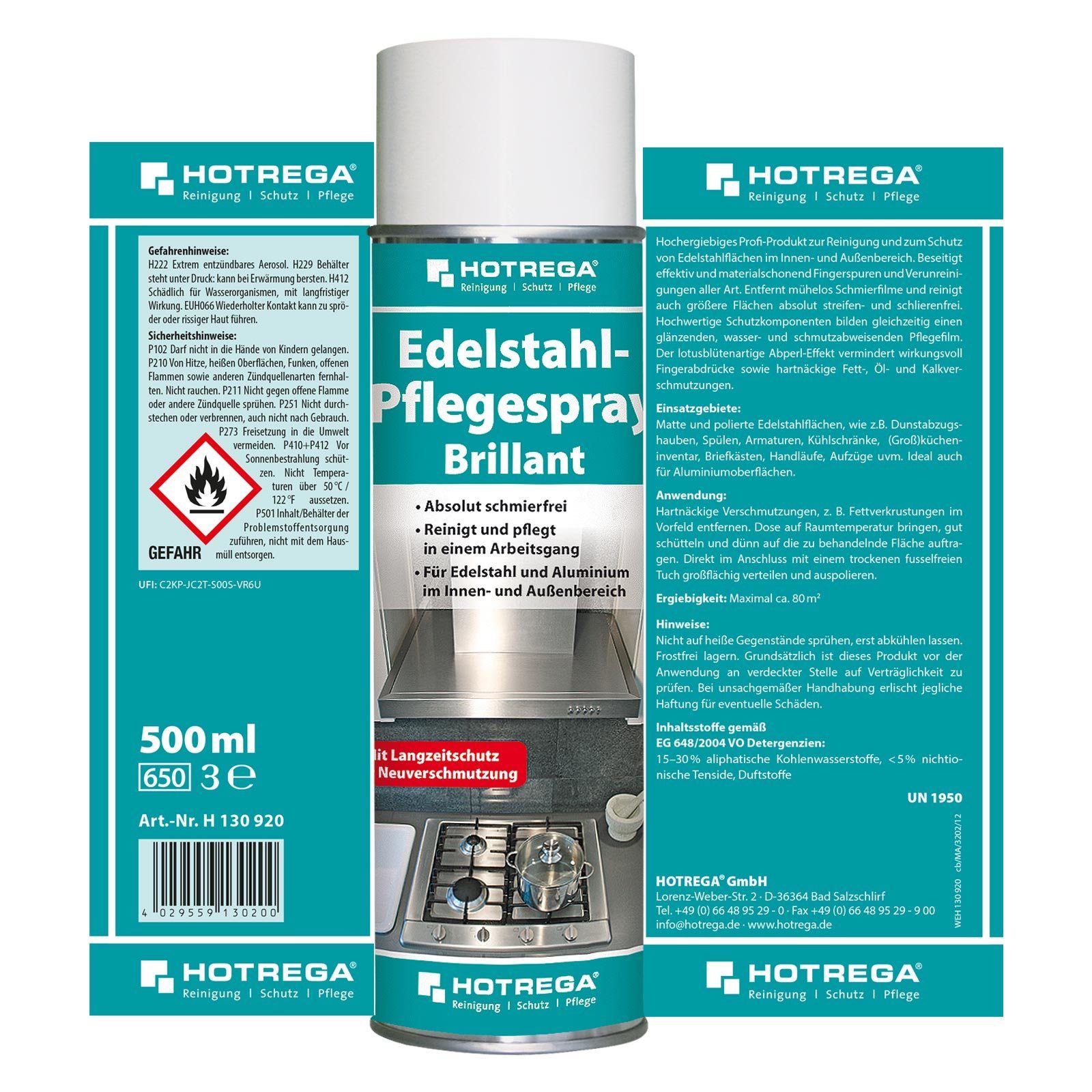 Microfasertuch HOTREGA® Alu Edelstahl Edelstahlreiniger 500ml 2x Pflegespray Edelstahlreiniger +